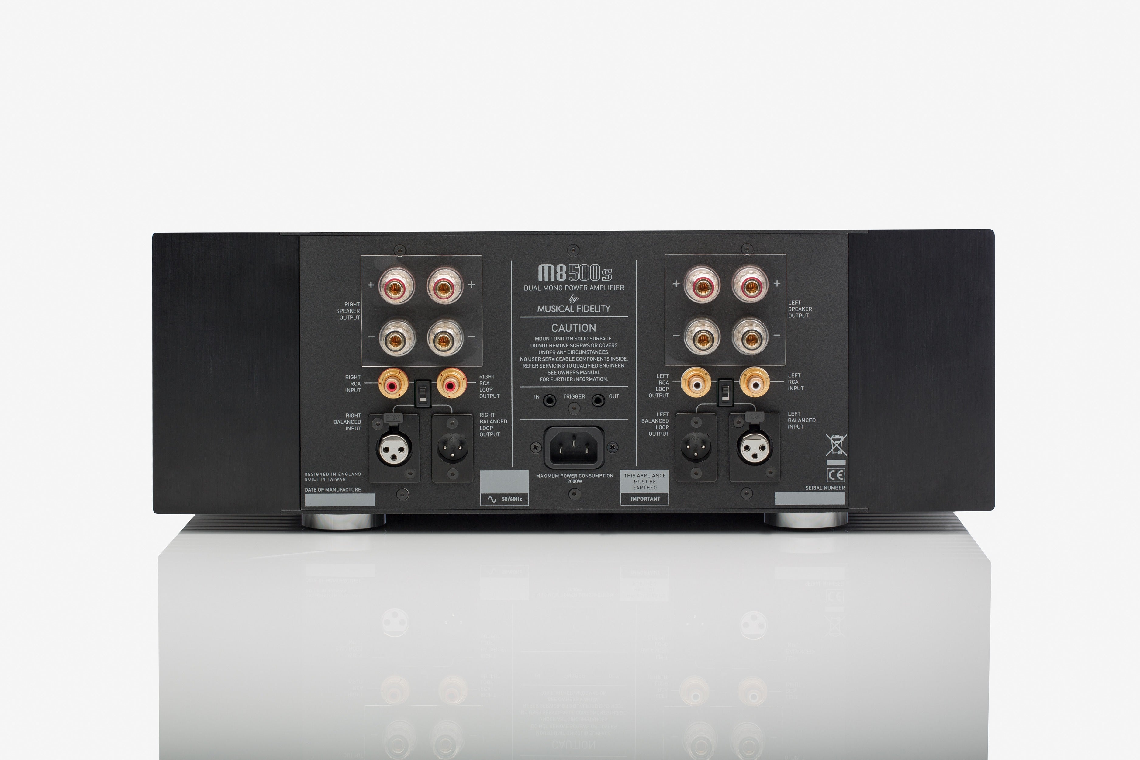 Musical Fidelity M8S-500S Power Amplifier Open Box back panel connectors and details.