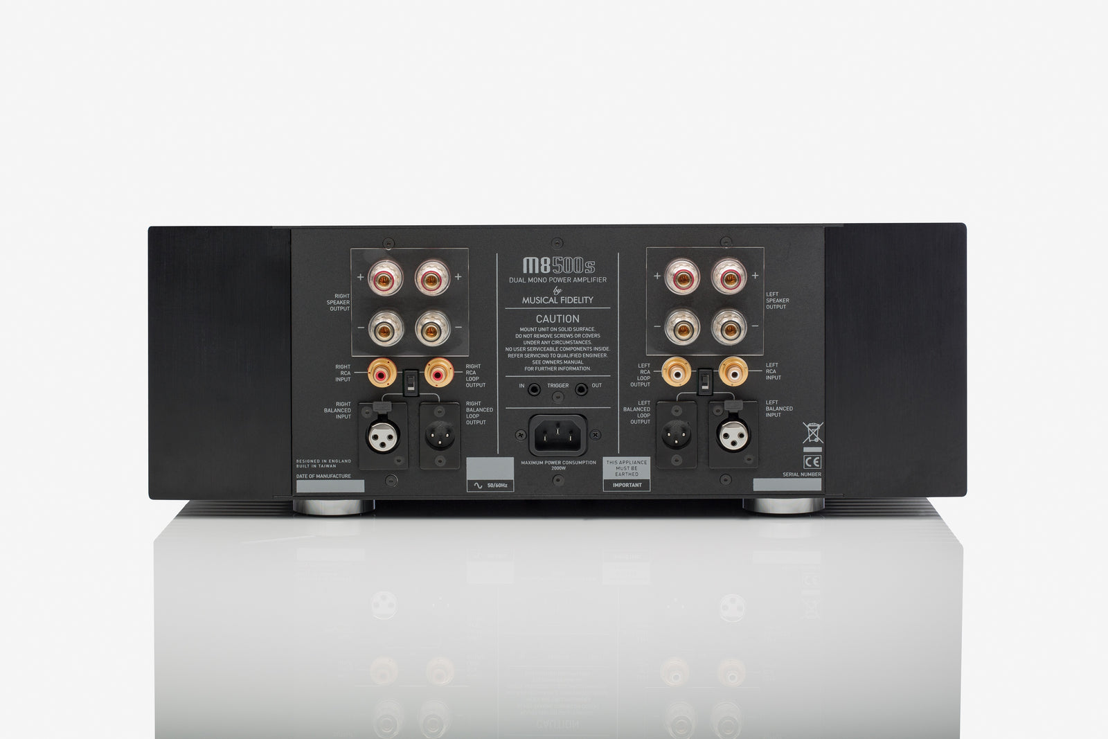 Musical Fidelity M8S-500S Power Amplifier Open Box back panel connectors and details.