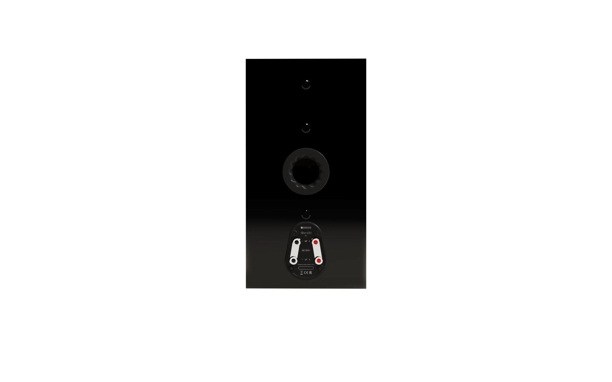Monitor Audio Silver 100 8G Bookshelf Speakers (Pair) rear view showing speaker connections and bass port.