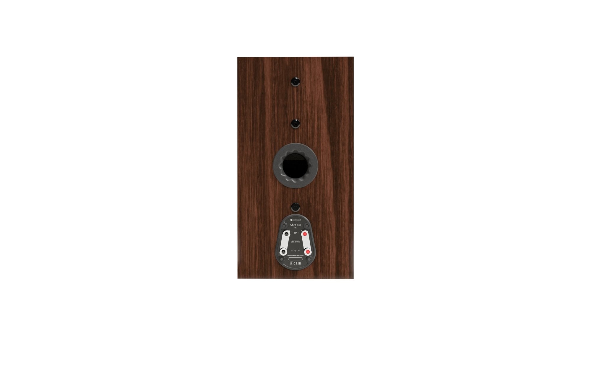 Monitor Audio Silver 100 8G Bookshelf Speakers (Pair) rear view with connectors and port.