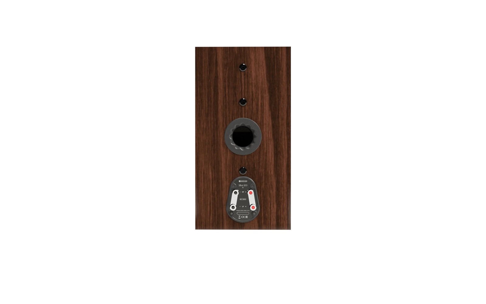 Monitor Audio Silver 100 8G Bookshelf Speakers (Pair) rear view with connectors and port.