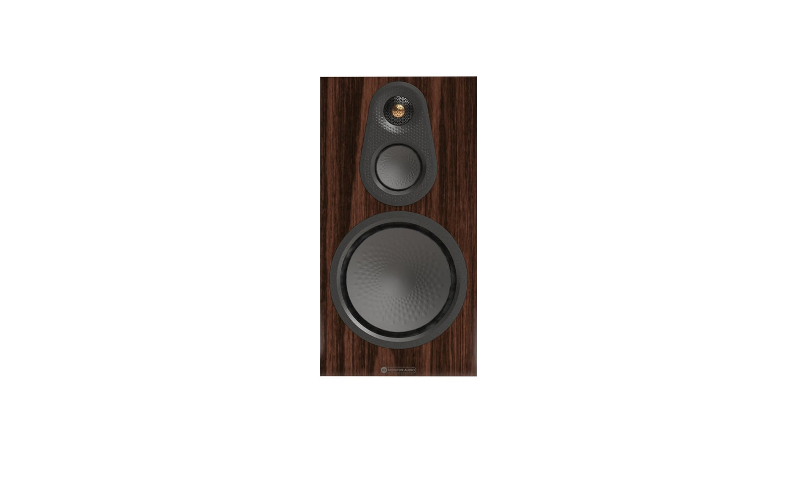 Monitor Audio Silver 100 8G Bookshelf Speakers (Pair) front view showing driver arrangement and wood finish.
