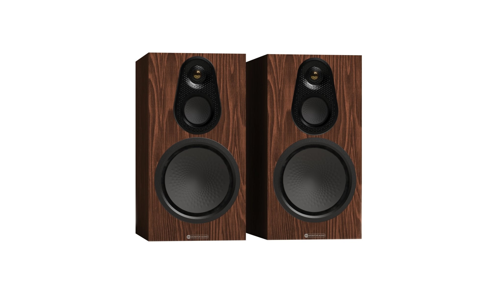 Monitor Audio Silver 100 8G Bookshelf Speakers (Pair) in European Walnut finish, showcasing 8-inch bass driver and 25mm tweeter.