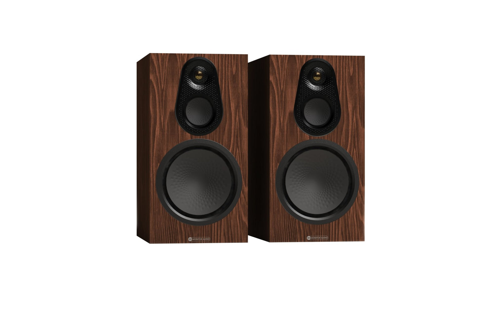 Monitor Audio Silver 100 8G Bookshelf Speakers (Pair) in European Walnut finish, showcasing 8-inch bass driver and 25mm tweeter.