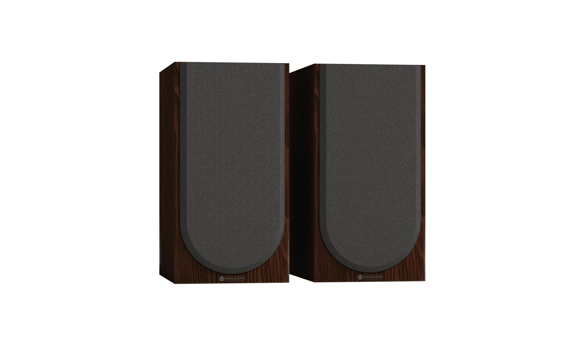 Monitor Audio Silver 100 8G Bookshelf Speakers (Pair) in sleek design with dark wood finish and speaker covers.