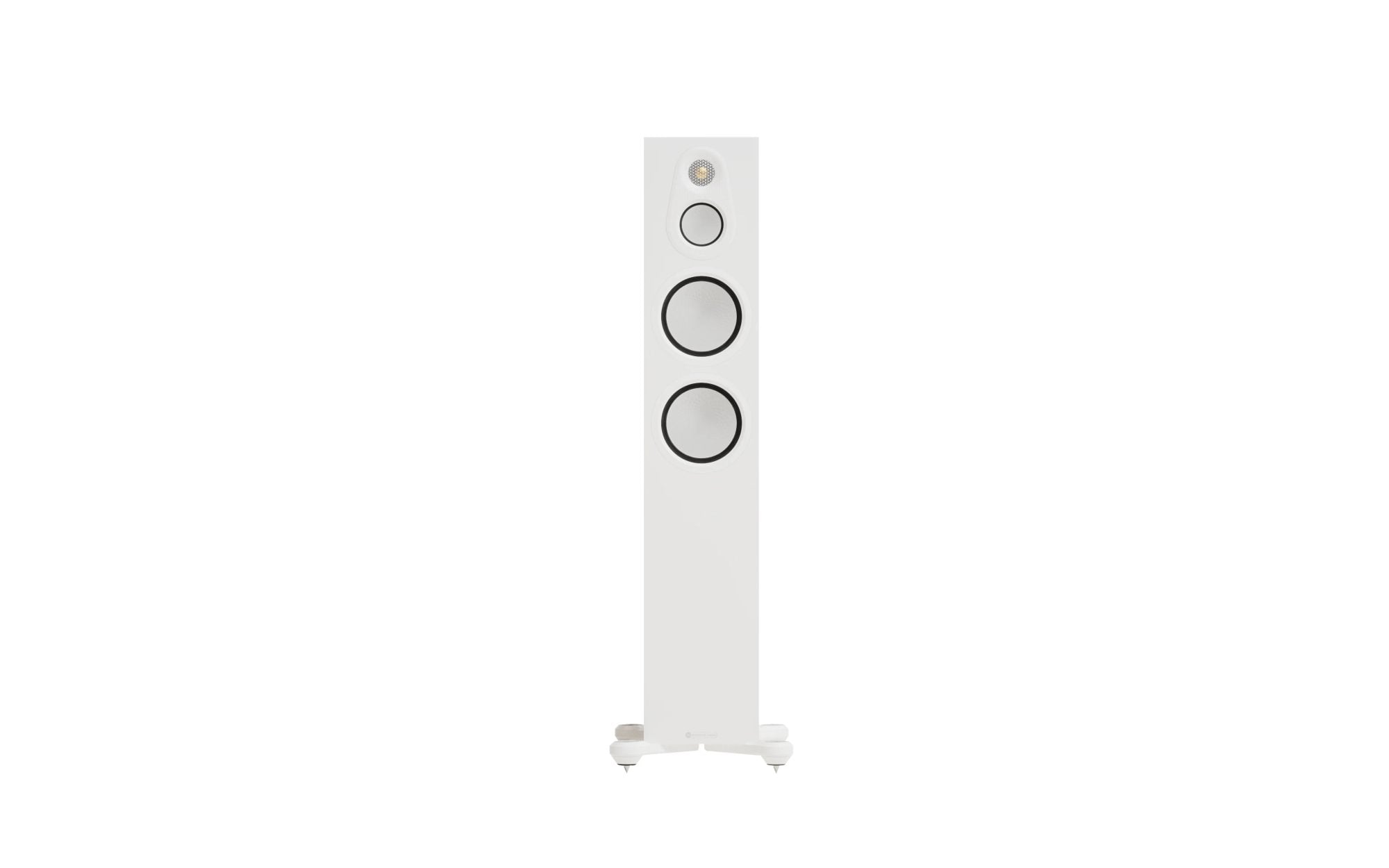 Monitor Audio Silver 300 8G Floorstanding Speakers (Pair) in high gloss white finish, showcasing modern design and high performance.