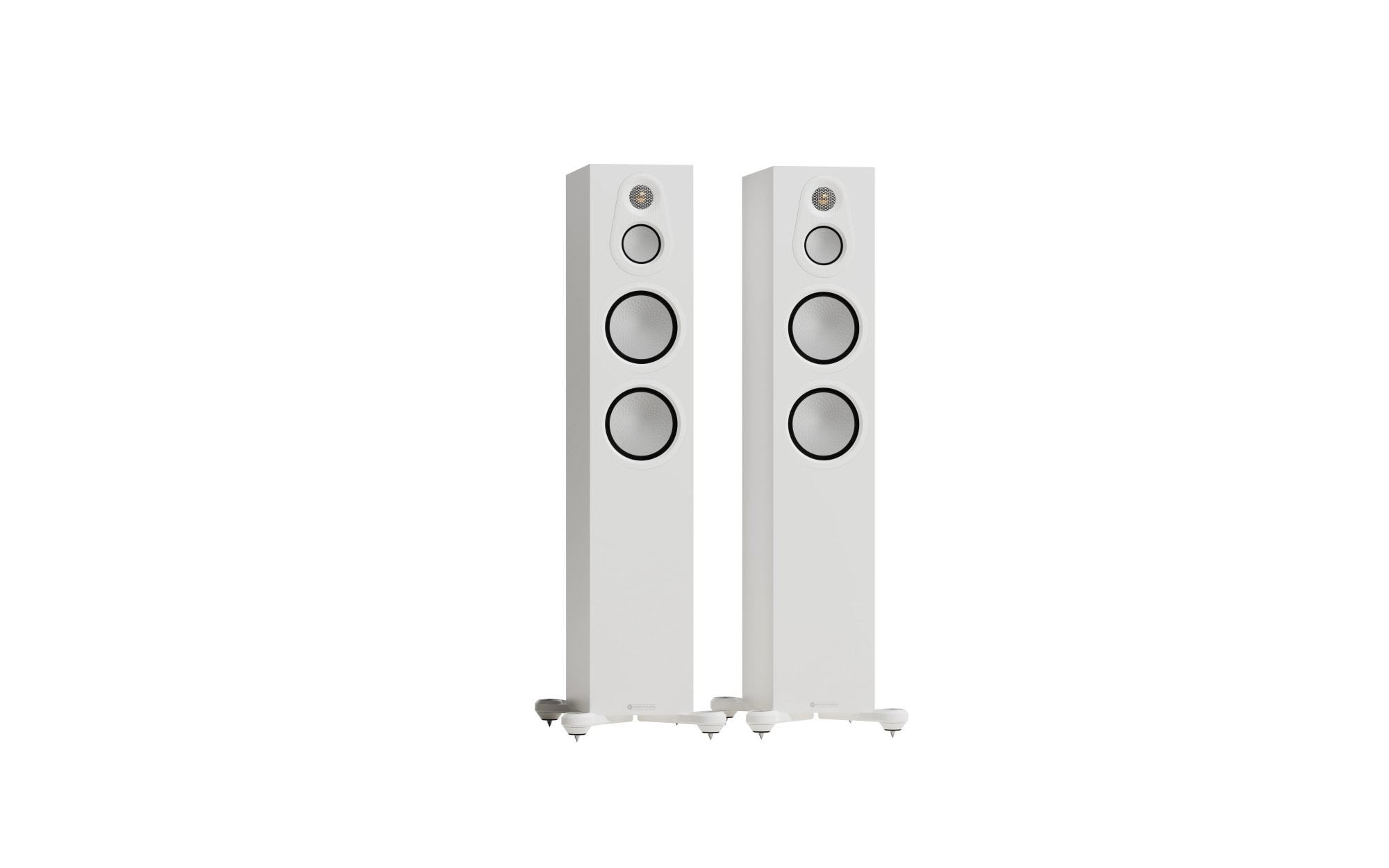 Monitor Audio Silver 300 8G Floorstanding Speakers (Pair) in Satin White finish, showcasing elegant design and audio quality.