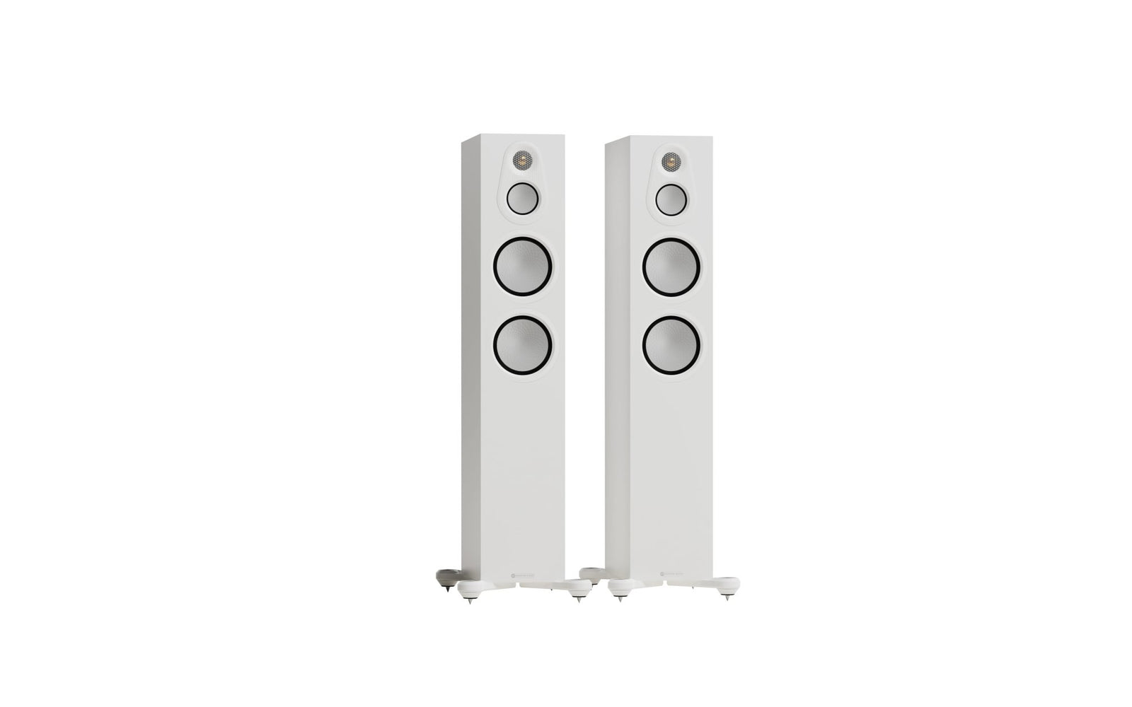 Monitor Audio Silver 300 8G Floorstanding Speakers (Pair) in Satin White finish, showcasing elegant design and audio quality.