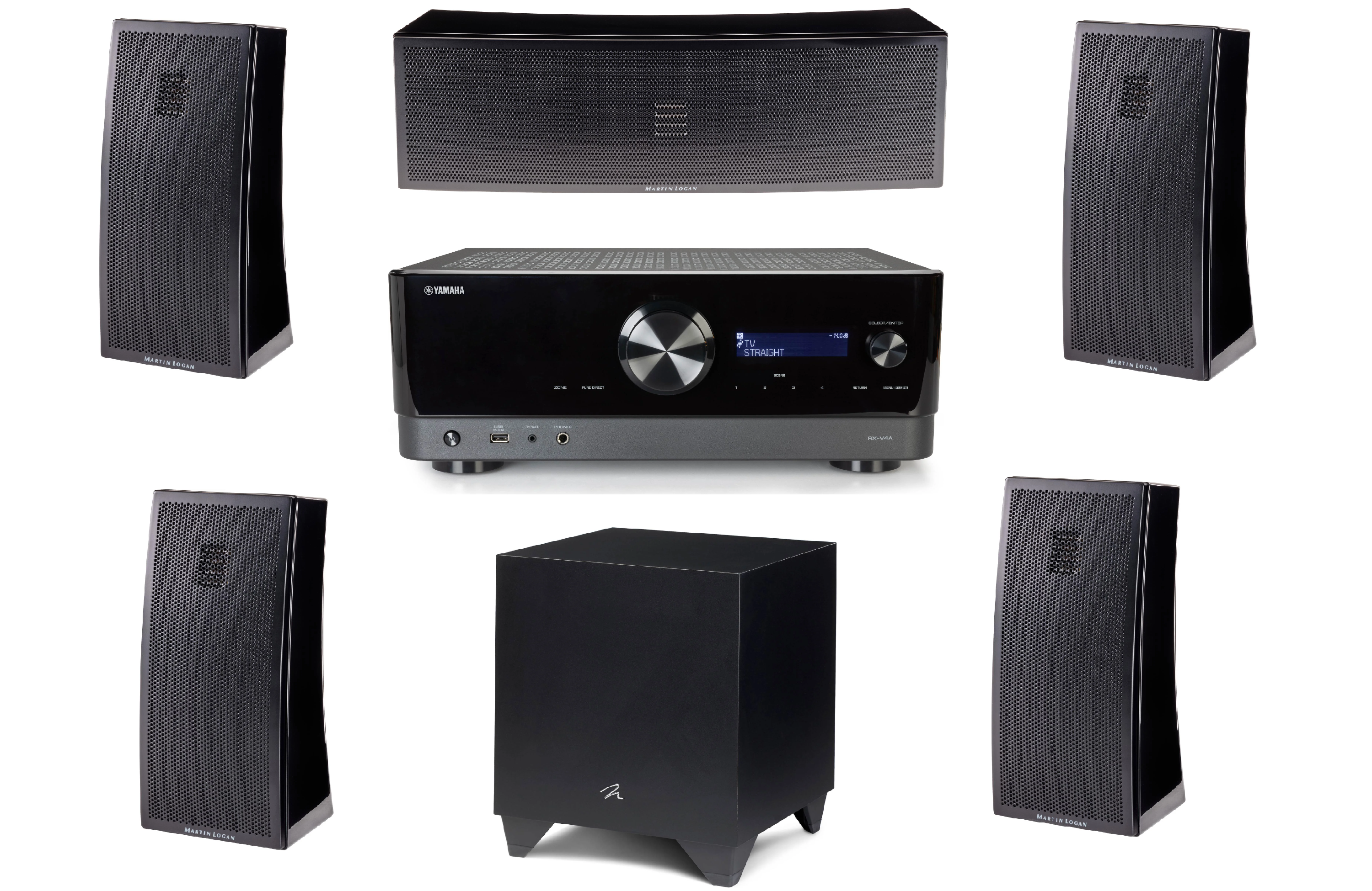 Martin Logan Motion 2i Speakers and Motion 6i Center Refurbished, Dynamo 600X Subwoofer and Yamaha RX-V4A 5.1 Speaker Bundle - Safe and Sound HQ