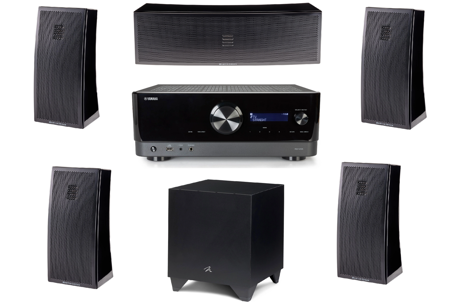Martin Logan Motion 2i Speakers and Motion 6i Center Refurbished, Dynamo 600X Subwoofer and Yamaha RX-V4A 5.1 Speaker Bundle - Safe and Sound HQ
