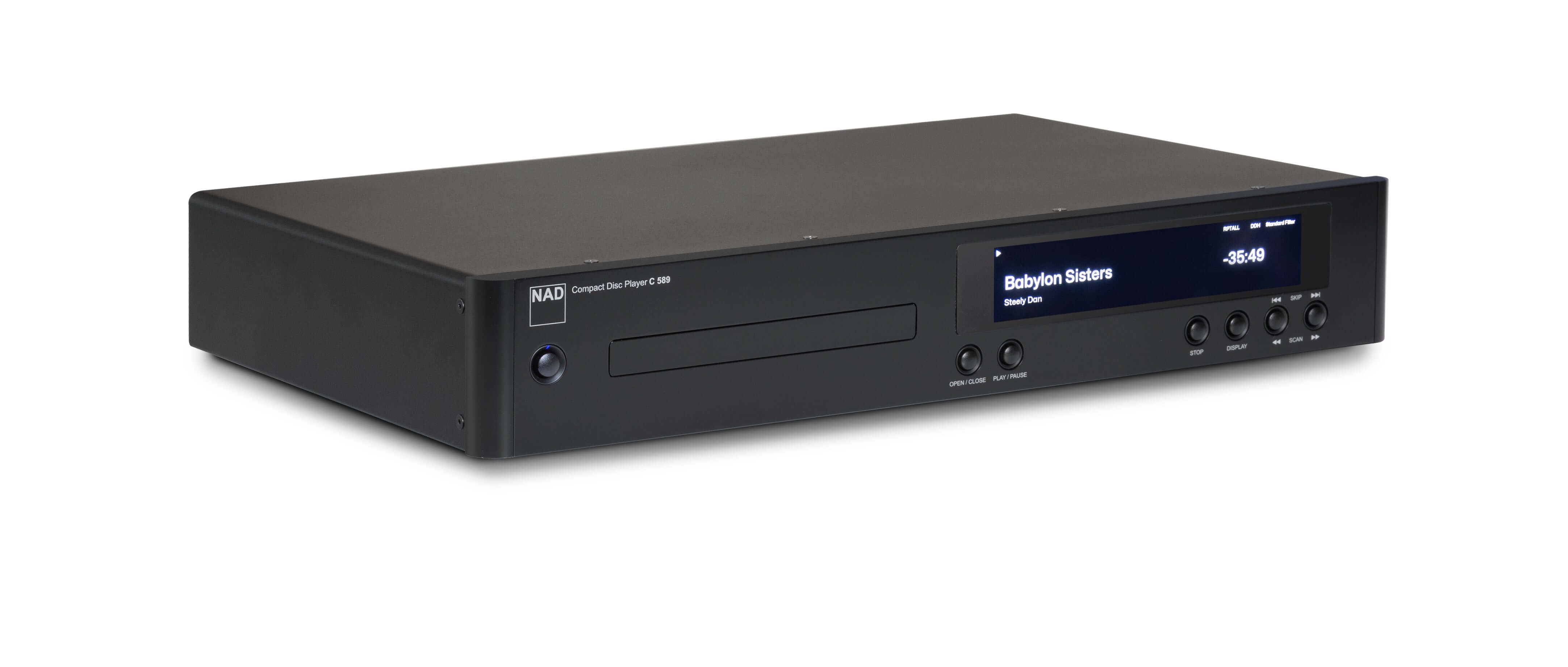 NAD Electronics C 539 High Performance CD Player in sleek black design with digital display and controls.