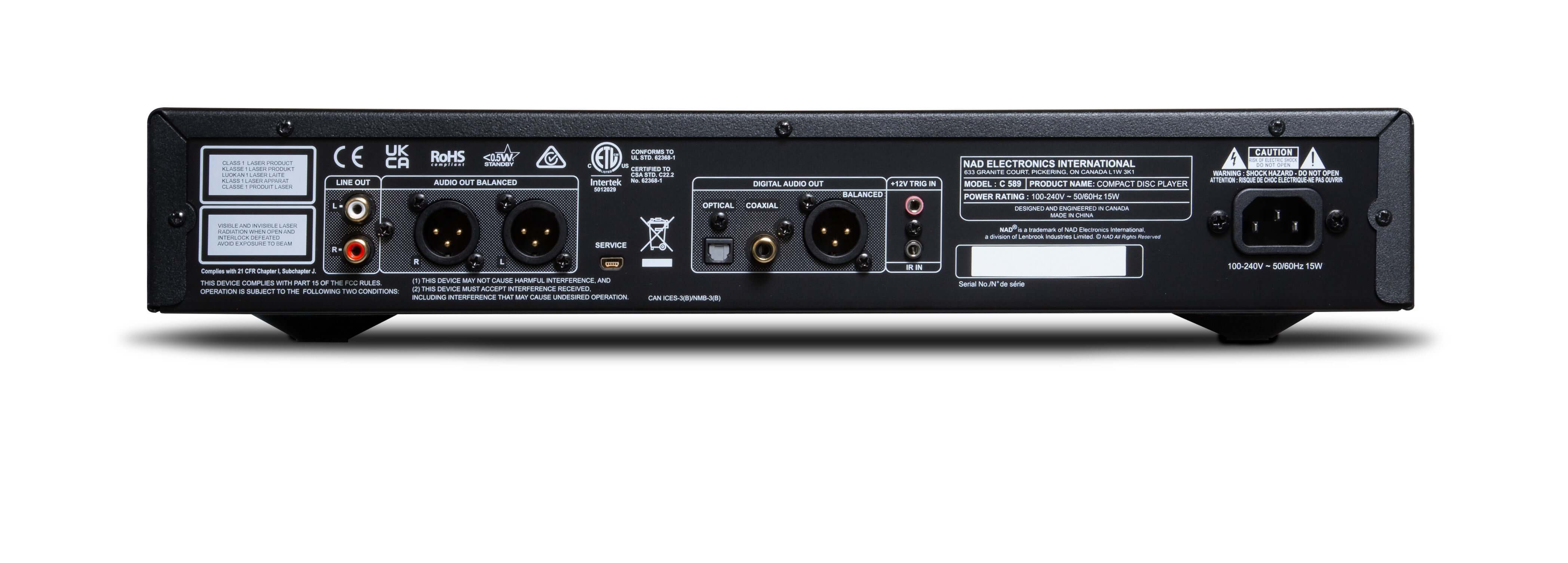 Back panel connections of NAD Electronics C 539 High Performance CD Player for optimal audio performance.