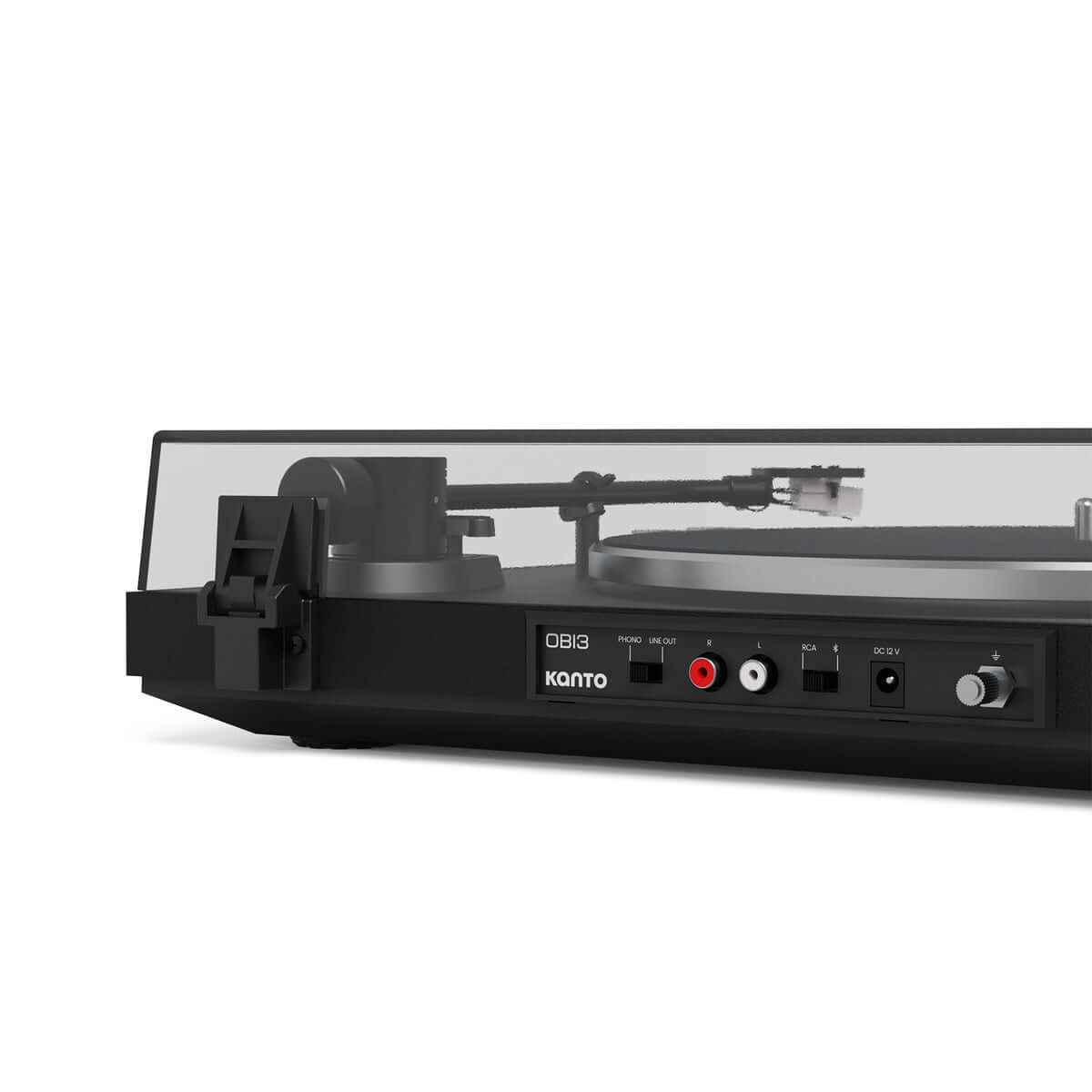 Kanto OBI3 Turntable with Built-in Phono Preamp and Bluetooth 5.3 side view showcasing sleek design and connectors.