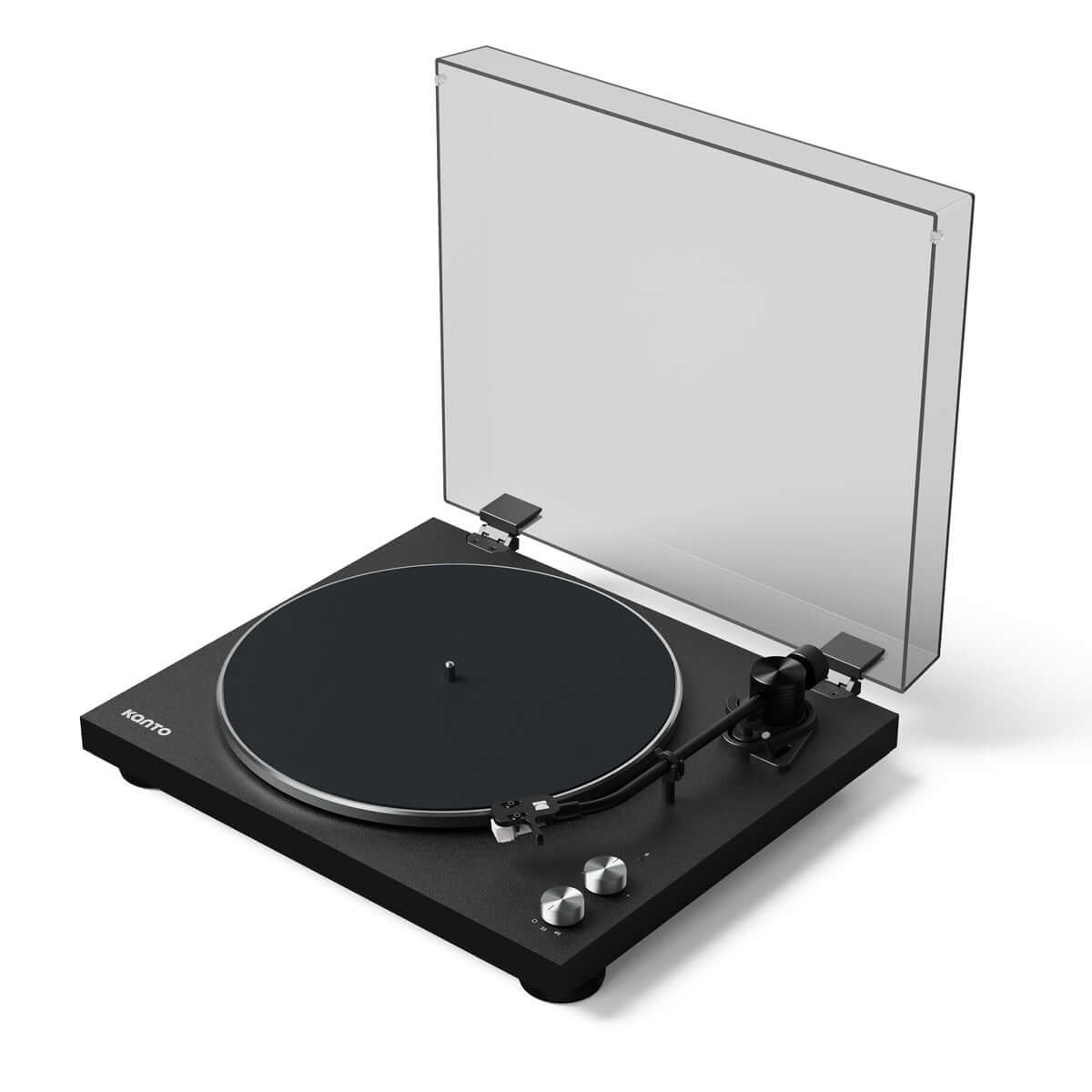 Kanto OBI3 Turntable with Built-in Phono Preamp and Bluetooth 5.3 showcasing sleek design and polished aluminum platter.