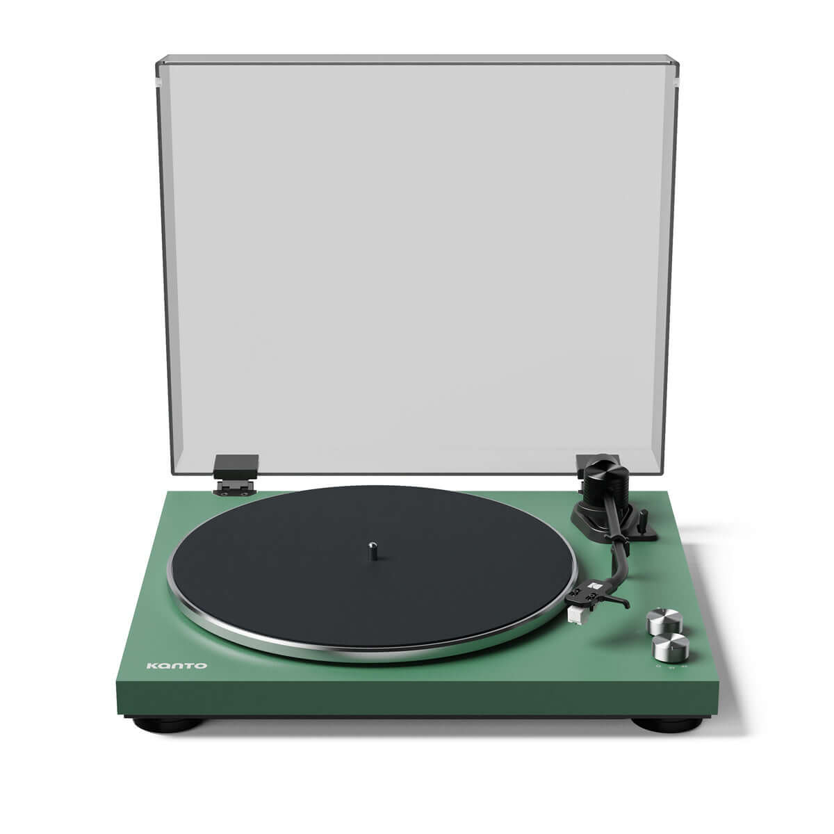 Kanto OBI3 Turntable with Built-in Phono Preamp and Bluetooth 5.3 in green with clear dust cover.
