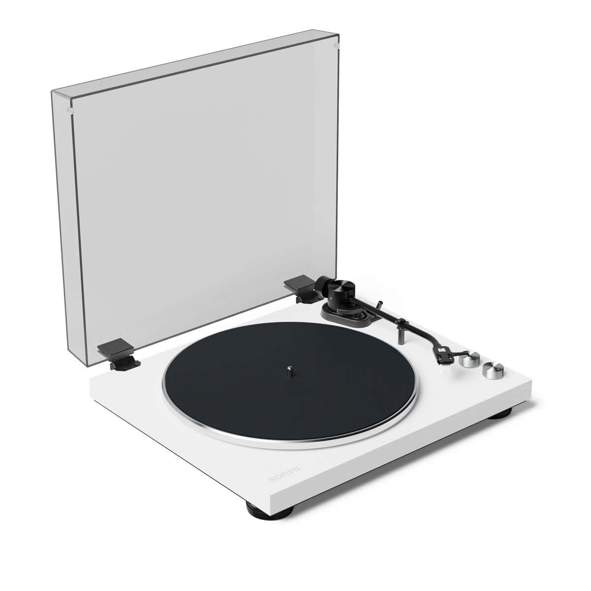 Kanto OBI3 Turntable with Built-in Phono Preamp and Bluetooth 5.3 in sleek white design with transparent cover.