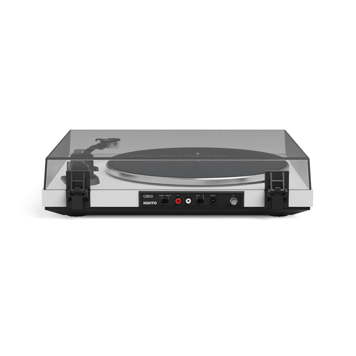 Kanto OBI3 Turntable with Built-in Phono Preamp and Bluetooth 5.3 featuring polished aluminum platter and sleek design.