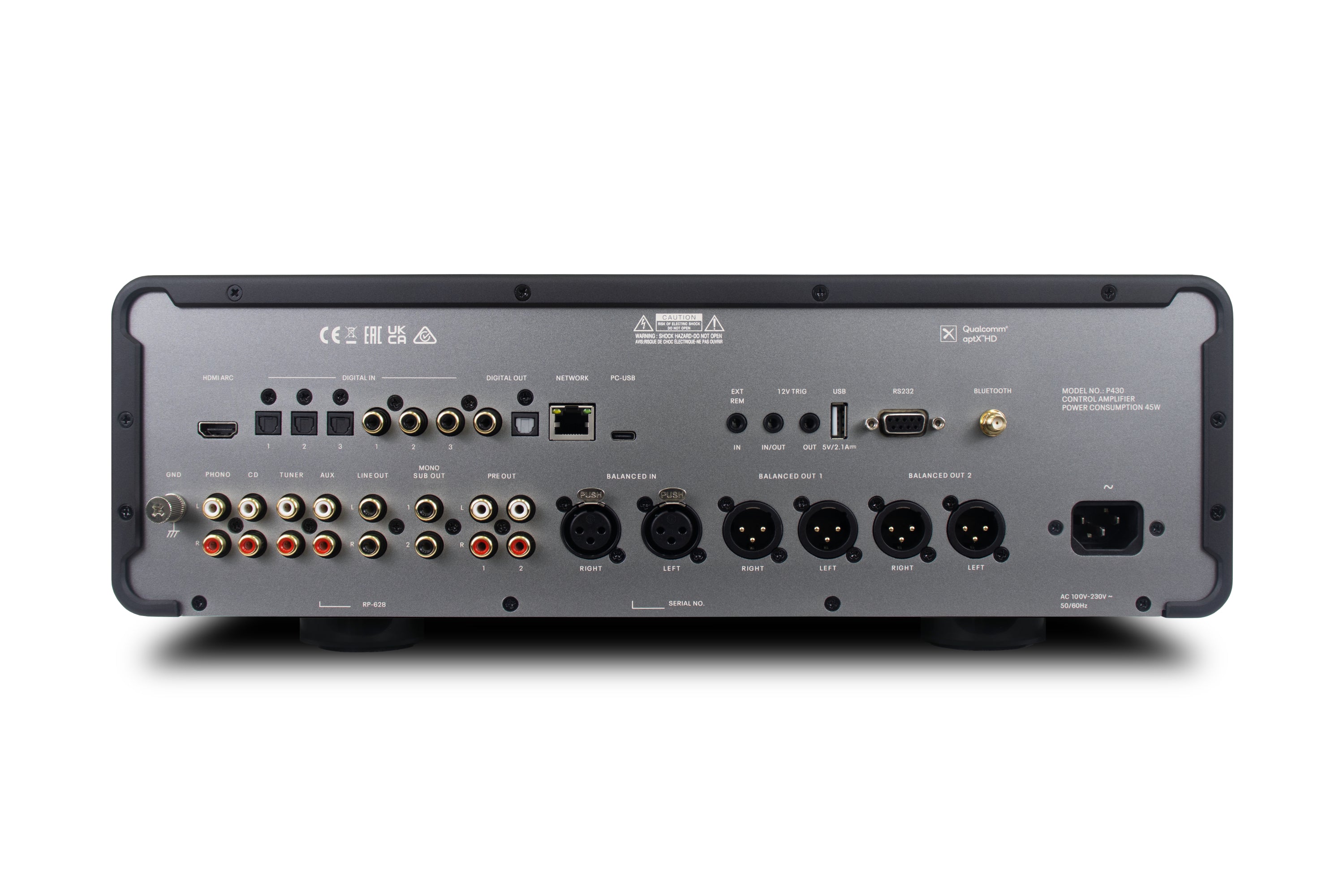 Back view of the Rotel Michi Prestige P430 Stereo Preamplifier showcasing its connectivity options.