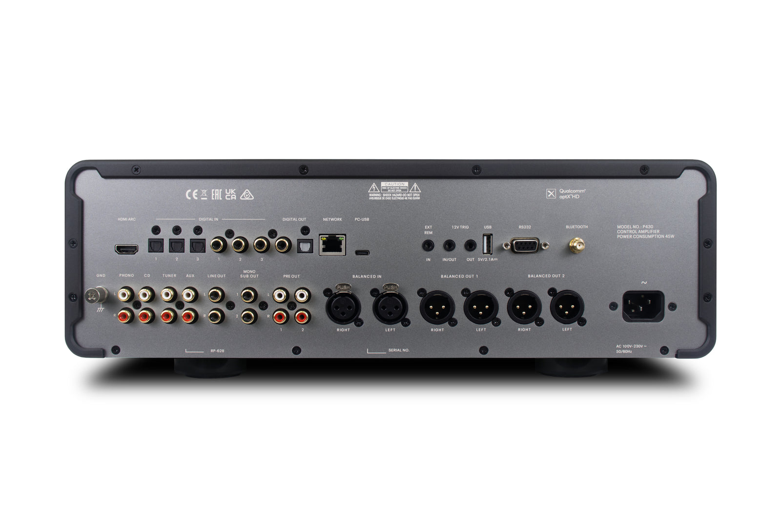 Back view of the Rotel Michi Prestige P430 Stereo Preamplifier showcasing its connectivity options.