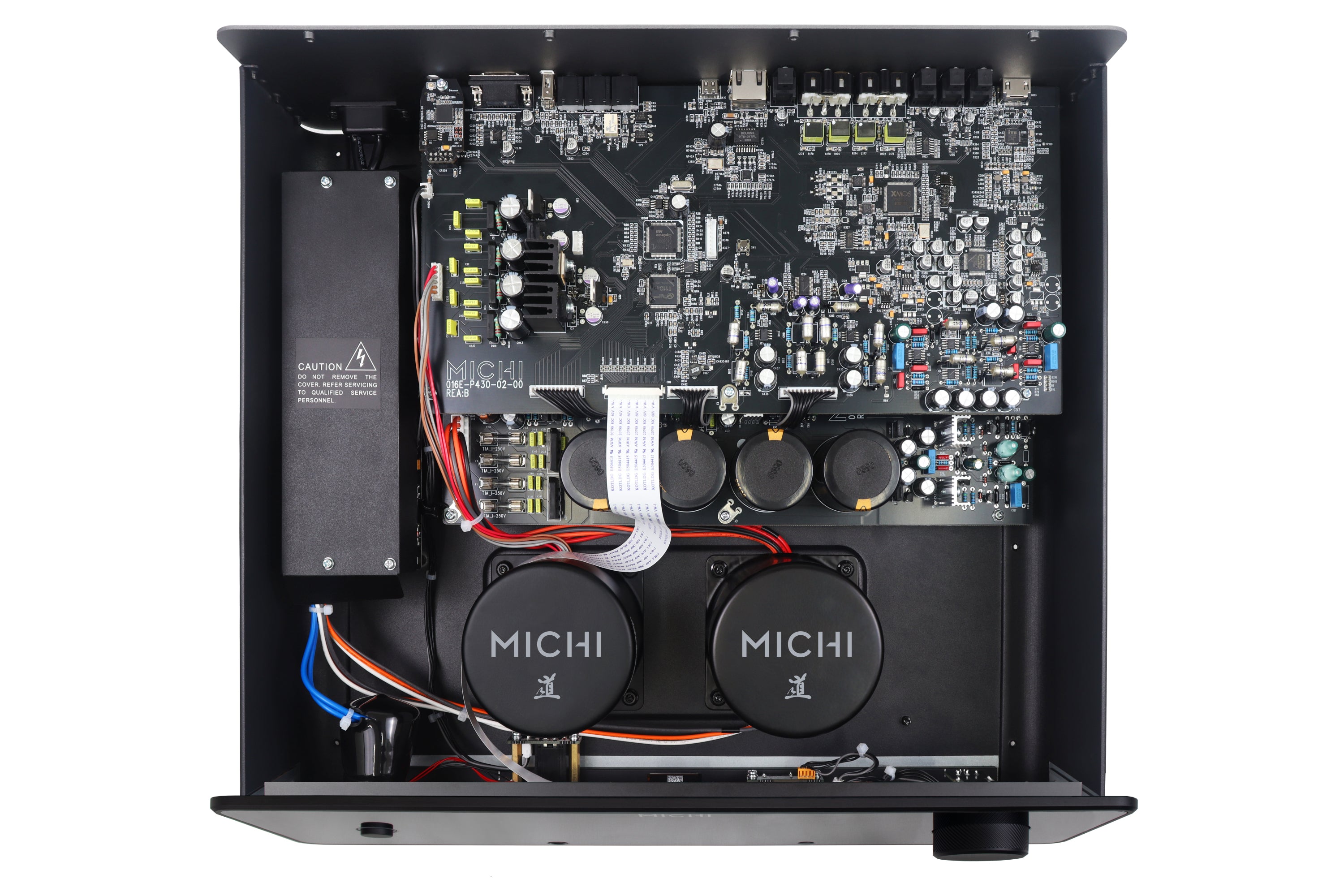 Inside view of Rotel Michi Prestige P430 Stereo Preamplifier showcasing its premium components and circuitry.