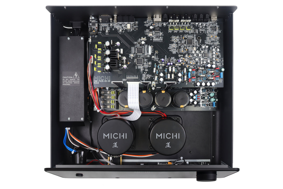 Inside view of Rotel Michi Prestige P430 Stereo Preamplifier showcasing its premium components and circuitry.