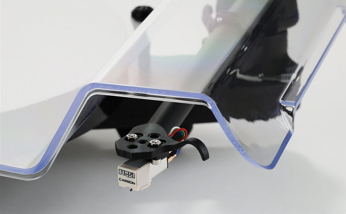 Rega Replay Plug and Play Turntable with Rega Carbon Cartridge close-up of tonearm and cartridge