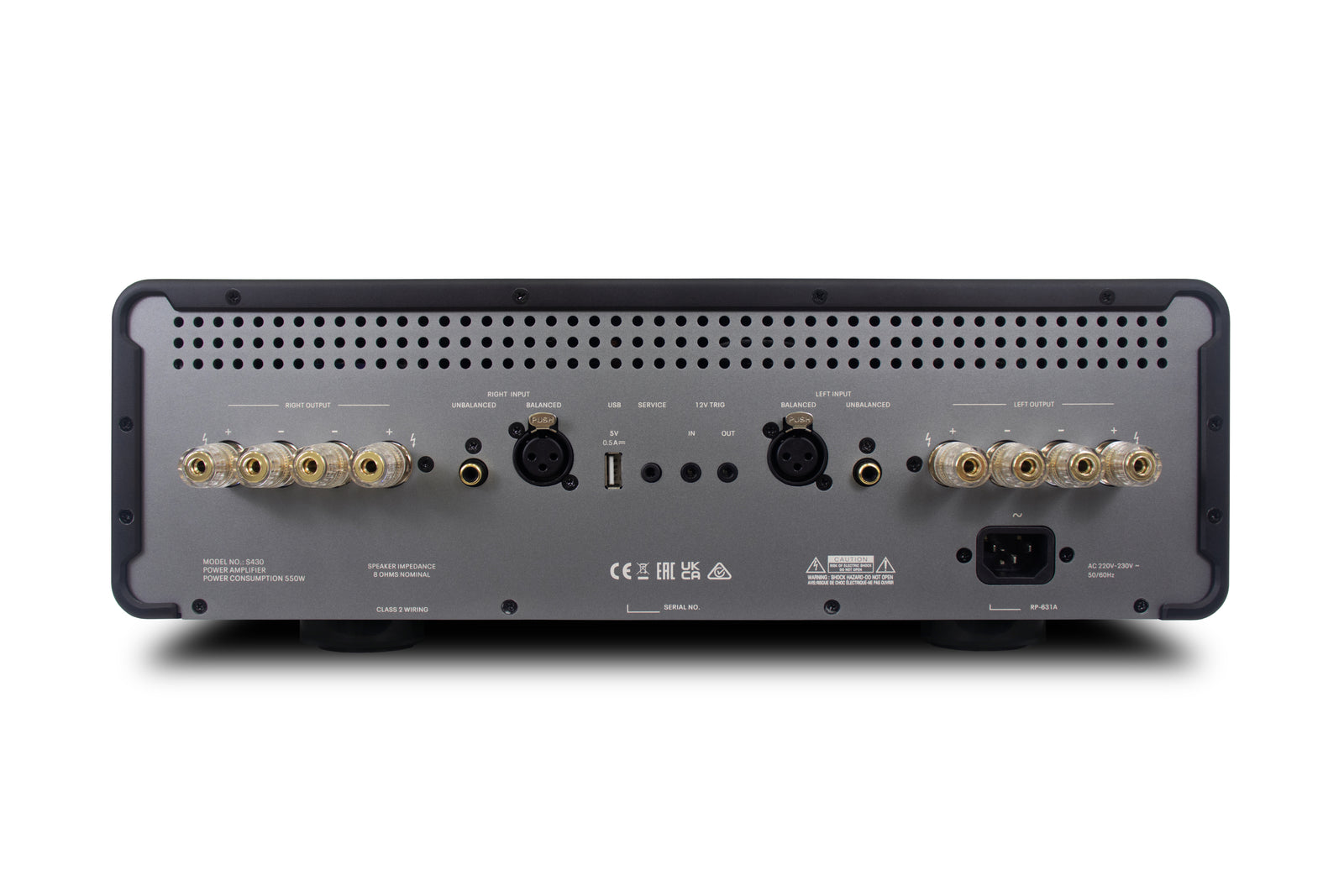 Back view of the Rotel Michi Prestige S430 Stereo Power Amplifier showing connections and inputs.
