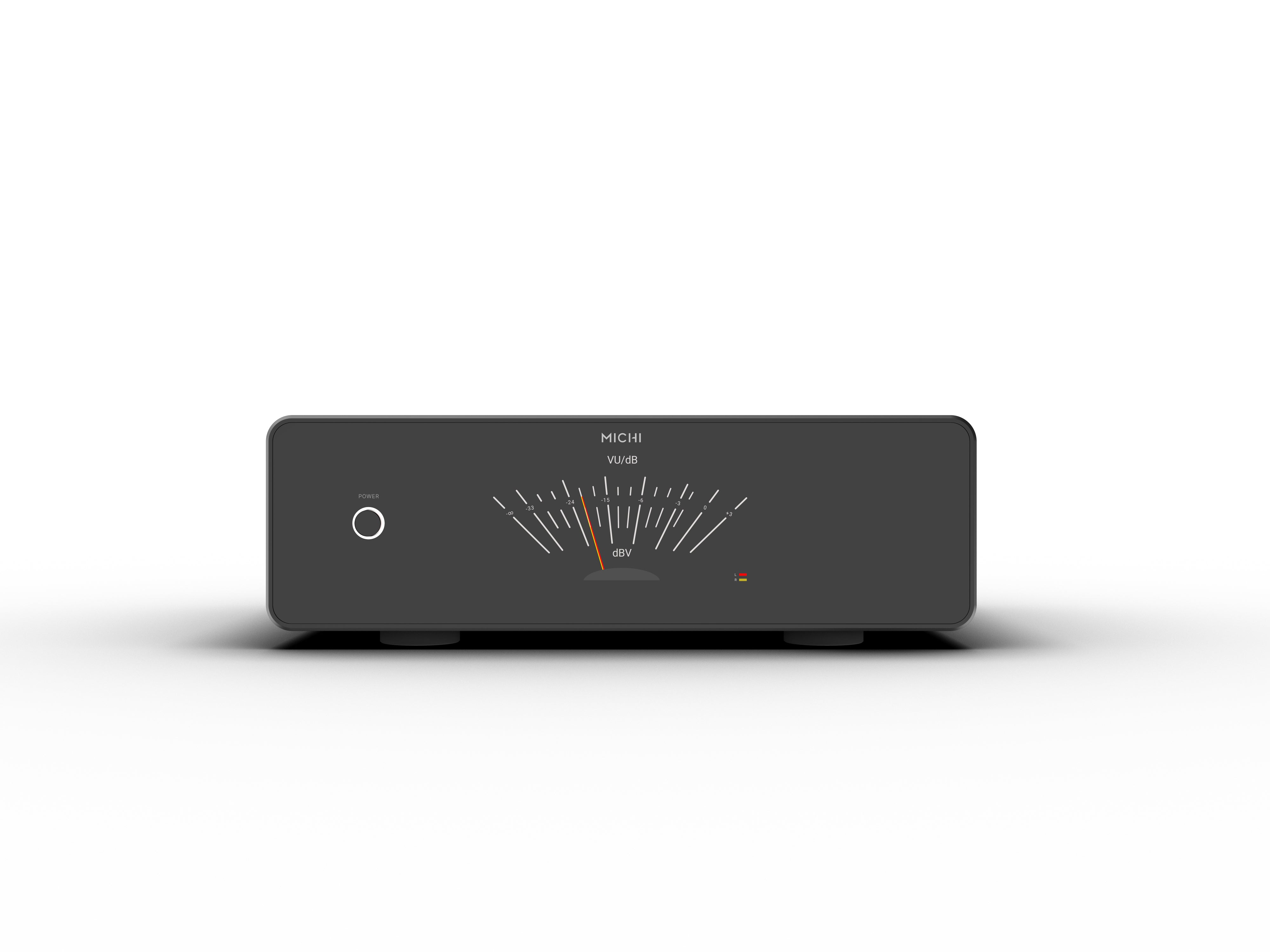 Rotel Michi Prestige S430 Stereo Power Amplifier front view with vu meter and power button