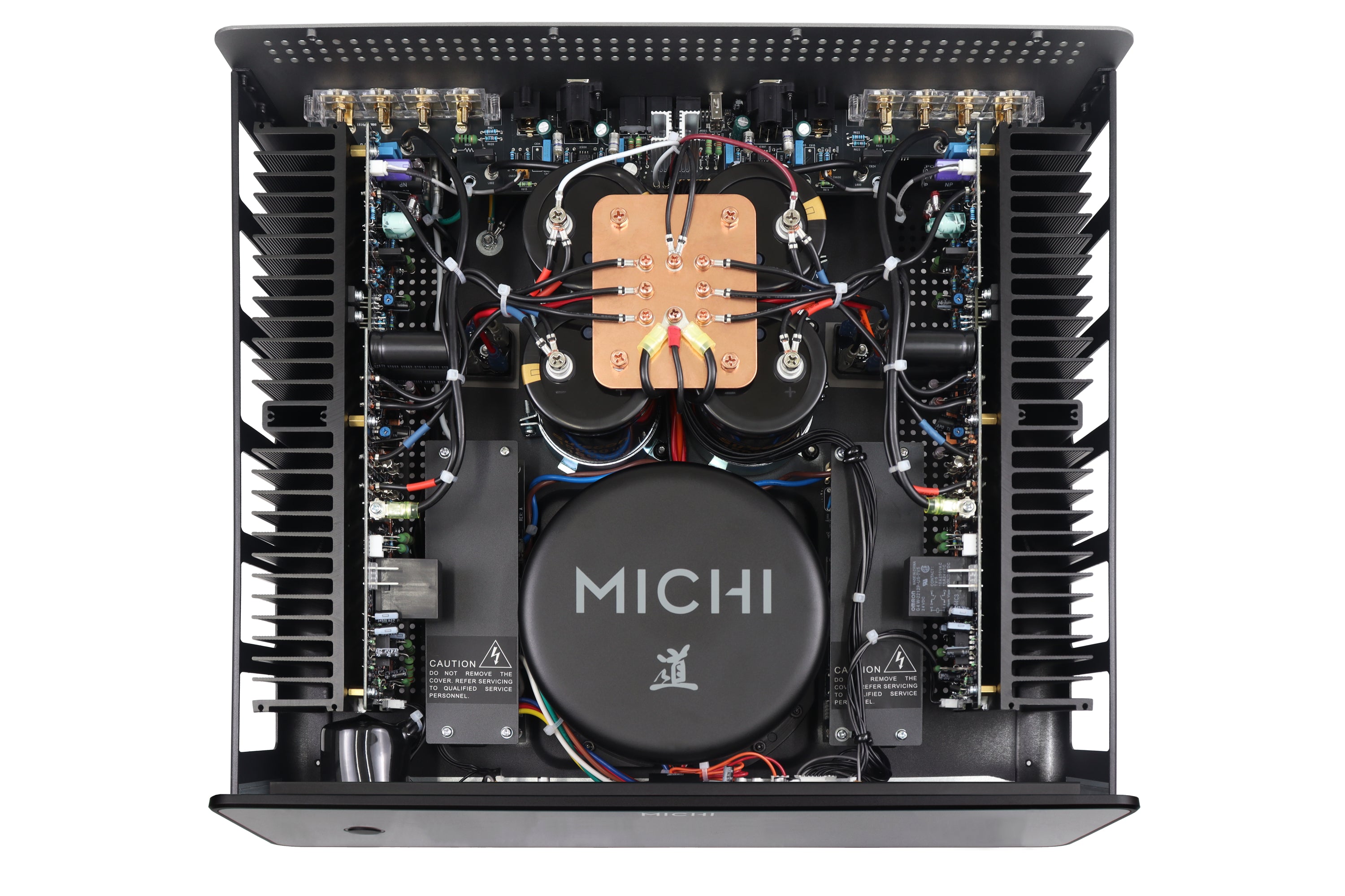 Interior view of the Rotel Michi Prestige S430 Stereo Power Amplifier showcasing detailed components and wiring.