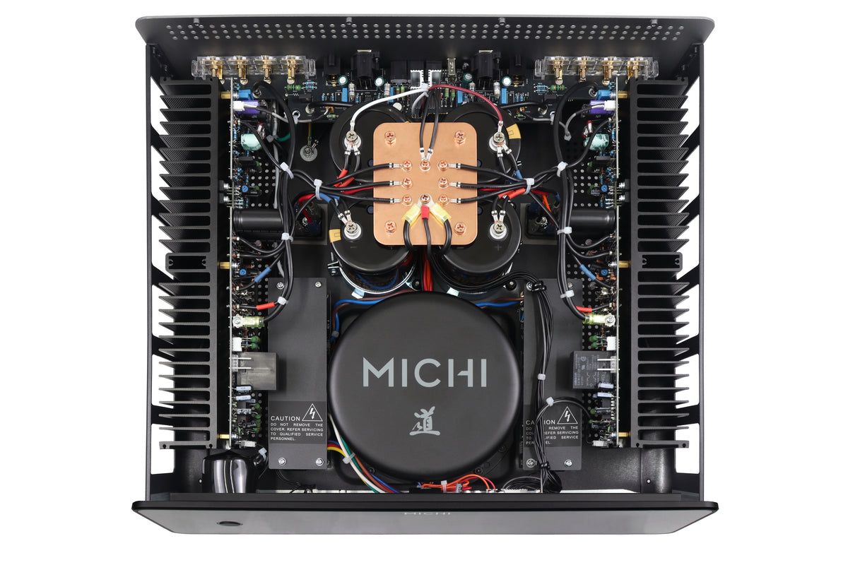 Interior view of the Rotel Michi Prestige S430 Stereo Power Amplifier showcasing detailed components and wiring.