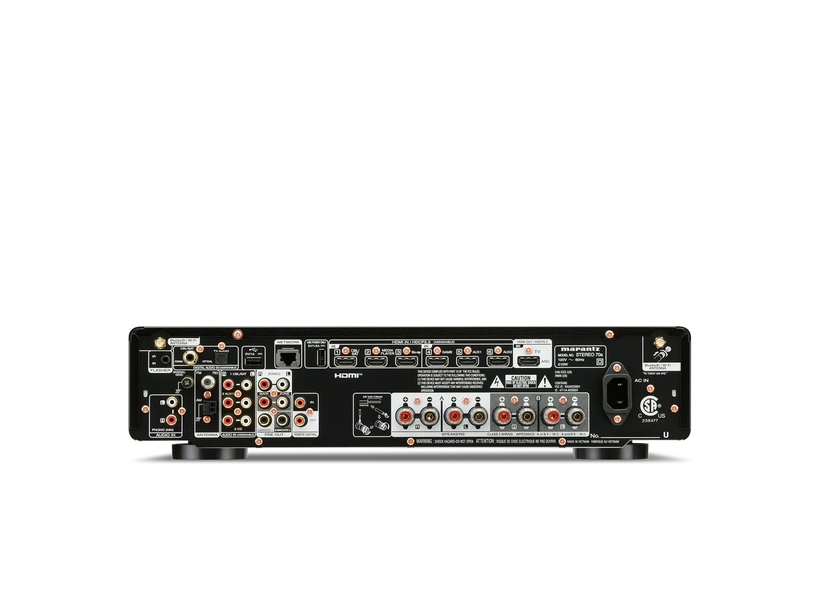 Back view of the Marantz Stereo 70S Stereo A/V Receiver Open Box showcasing inputs and outputs.