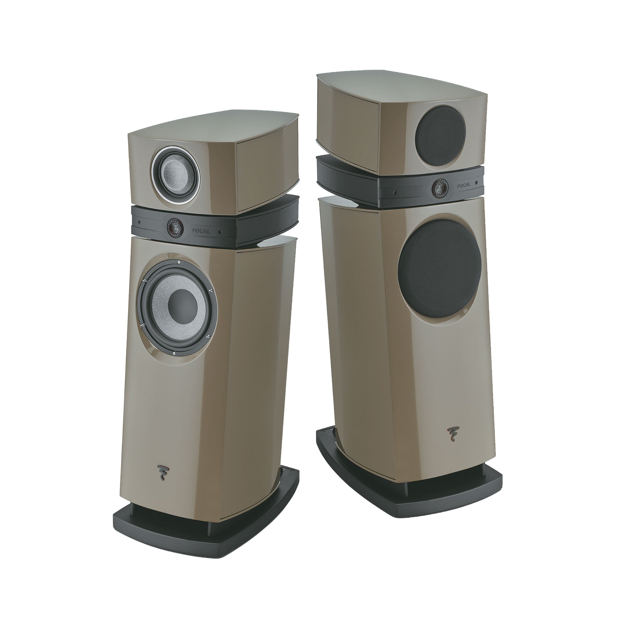 Focal Scala Utopia EVO M High-End 3-Way Floorstanding Speaker (Pair) in warm taupe high gloss finish.