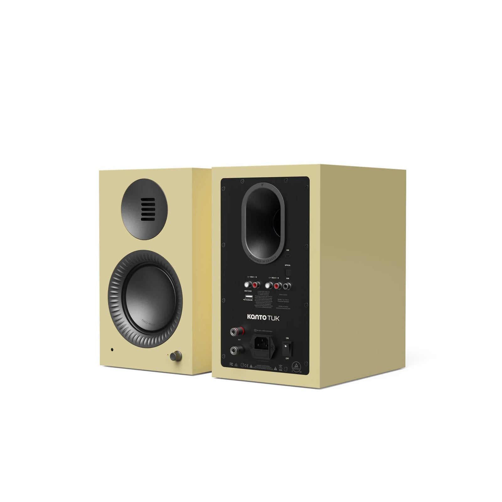 Kanto TUK G2 Powered Bookshelf Speakers with Bluetooth 5.4, Dual RCA and USB-C Inputs (Pair) in beige color.