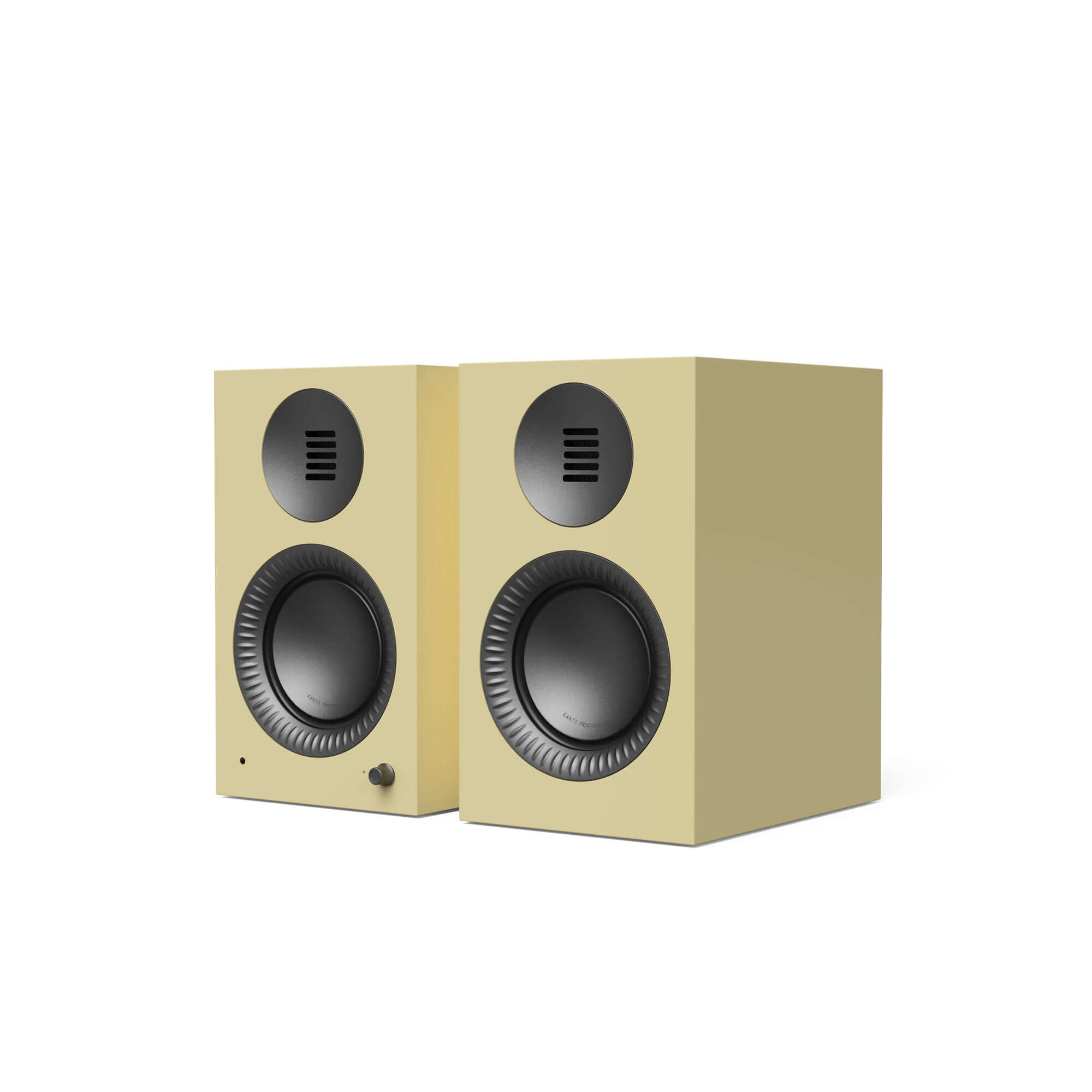 Kanto TUK G2 Powered Bookshelf Speakers with Bluetooth 5.4, Dual RCA and USB-C Inputs (Pair) in beige color.