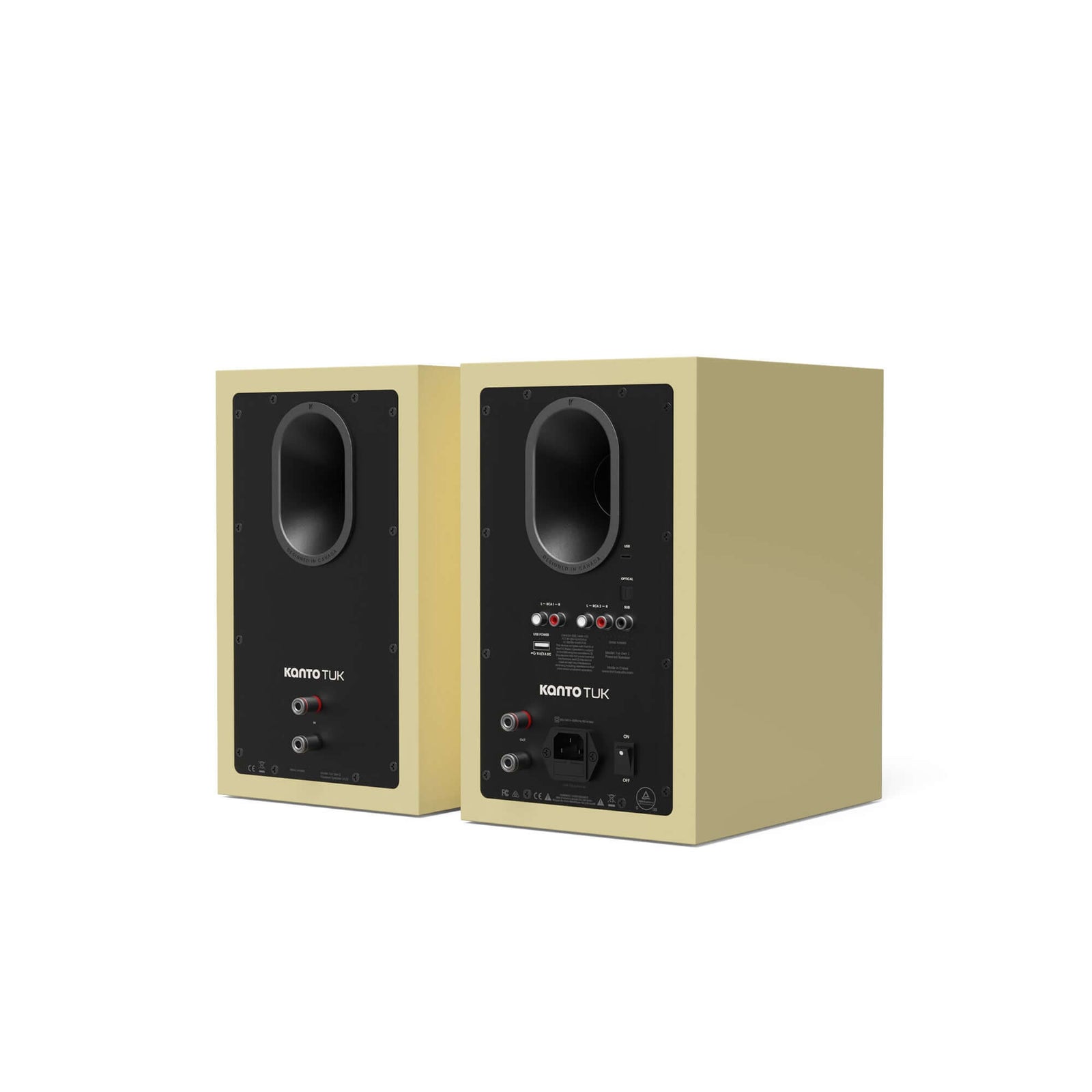 Kanto TUK G2 Powered Bookshelf Speakers with Bluetooth 5.4, Dual RCA and USB-C Inputs (Pair) rear view.