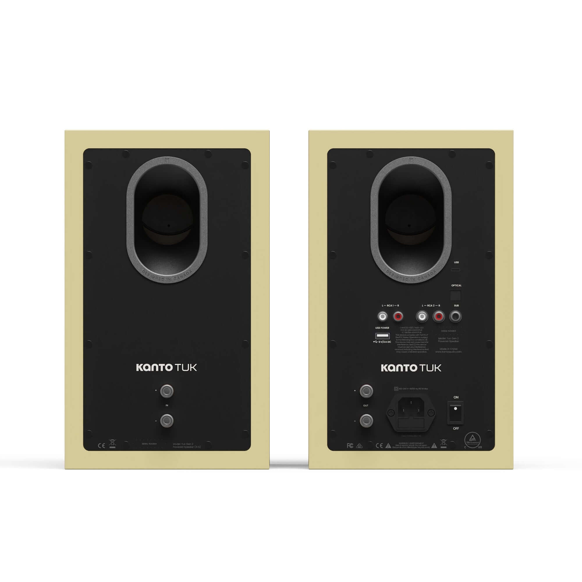 Kanto TUK G2 Powered Bookshelf Speakers with Bluetooth 5.4, Dual RCA and USB-C Inputs (Pair) back view, showing inputs.