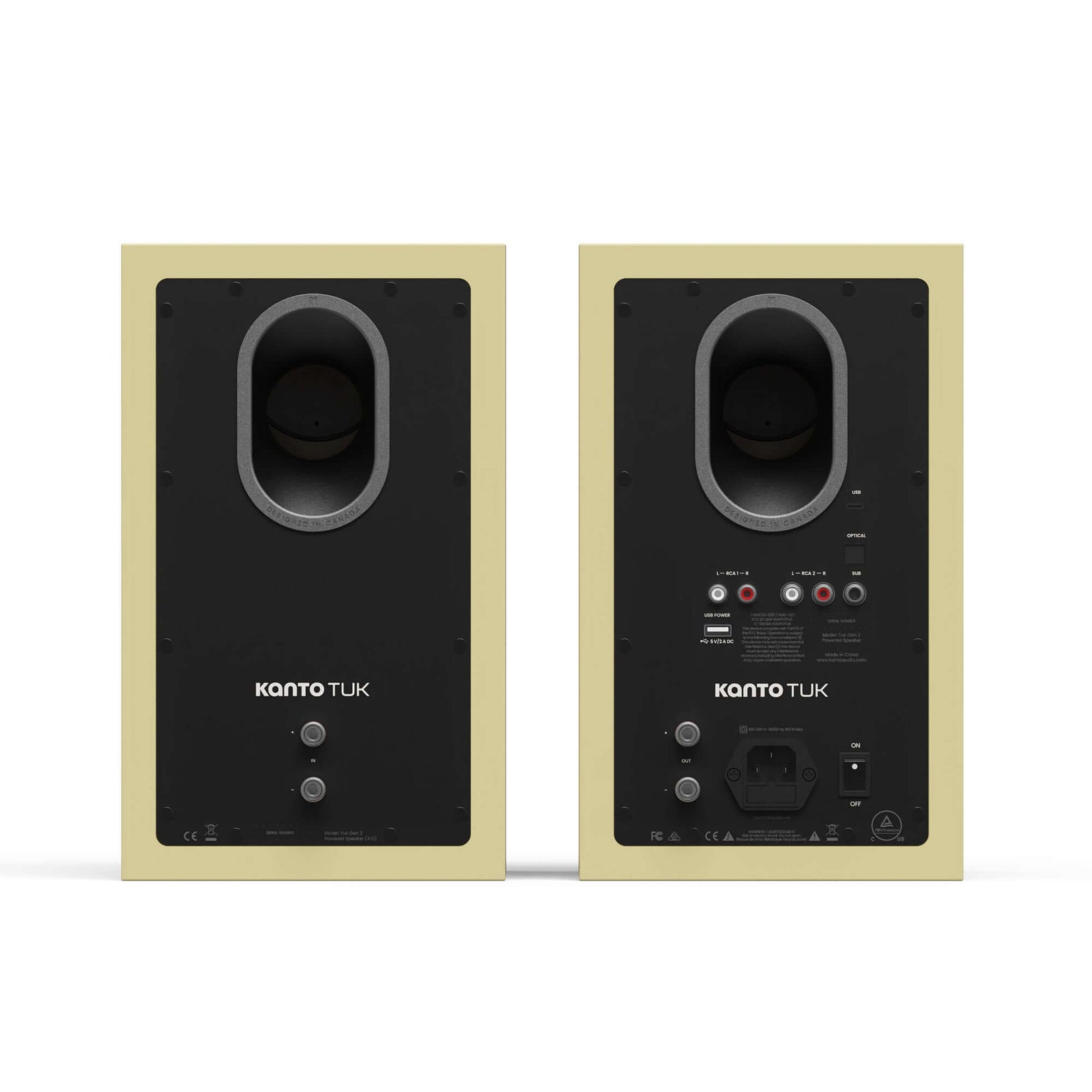 Kanto TUK G2 Powered Bookshelf Speakers with Bluetooth 5.4, Dual RCA and USB-C Inputs (Pair) back view, showing inputs.