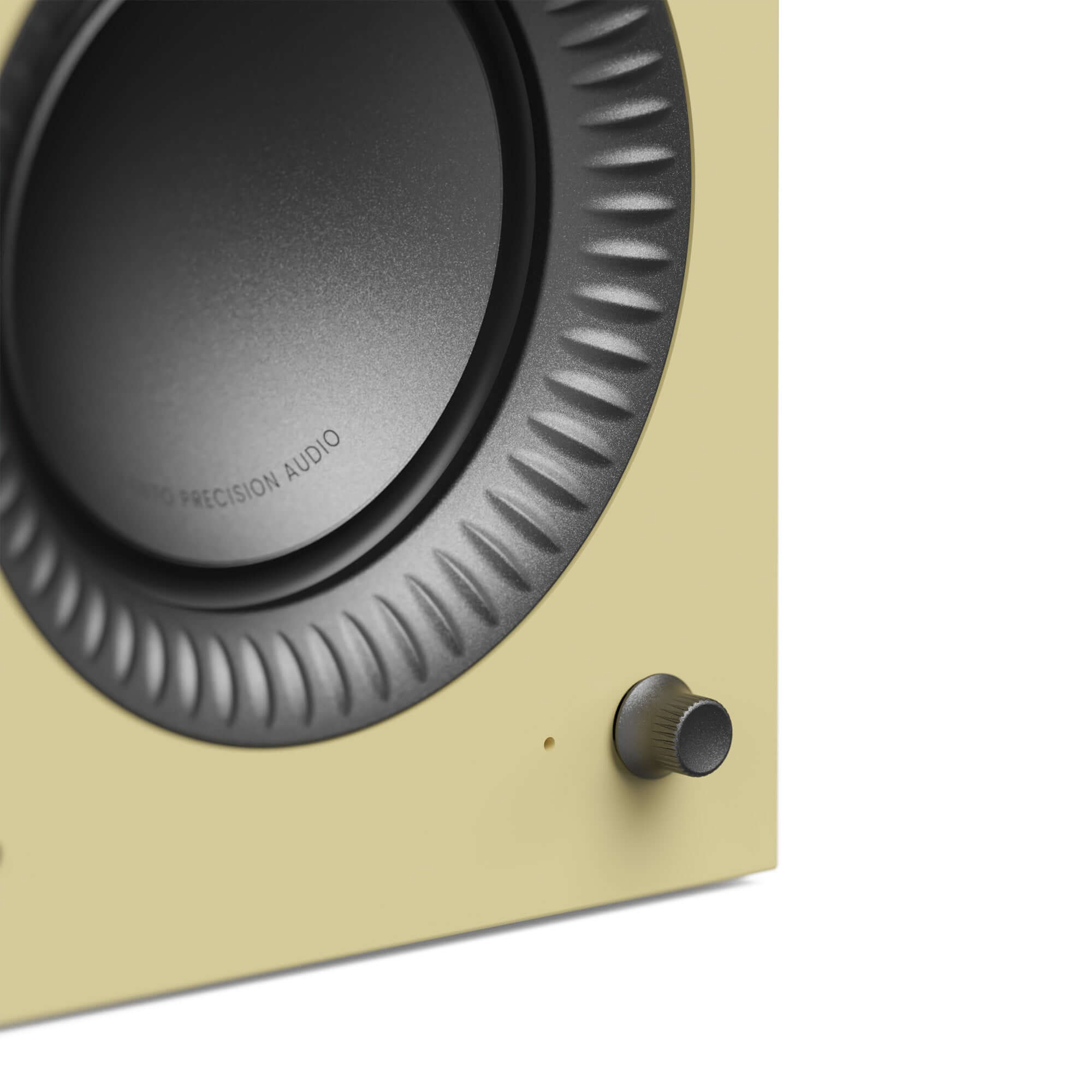 Kanto TUK G2 Powered Bookshelf Speakers with Bluetooth 5.4, Dual RCA and USB-C Inputs (Pair) close-up of speaker driver and control dial.