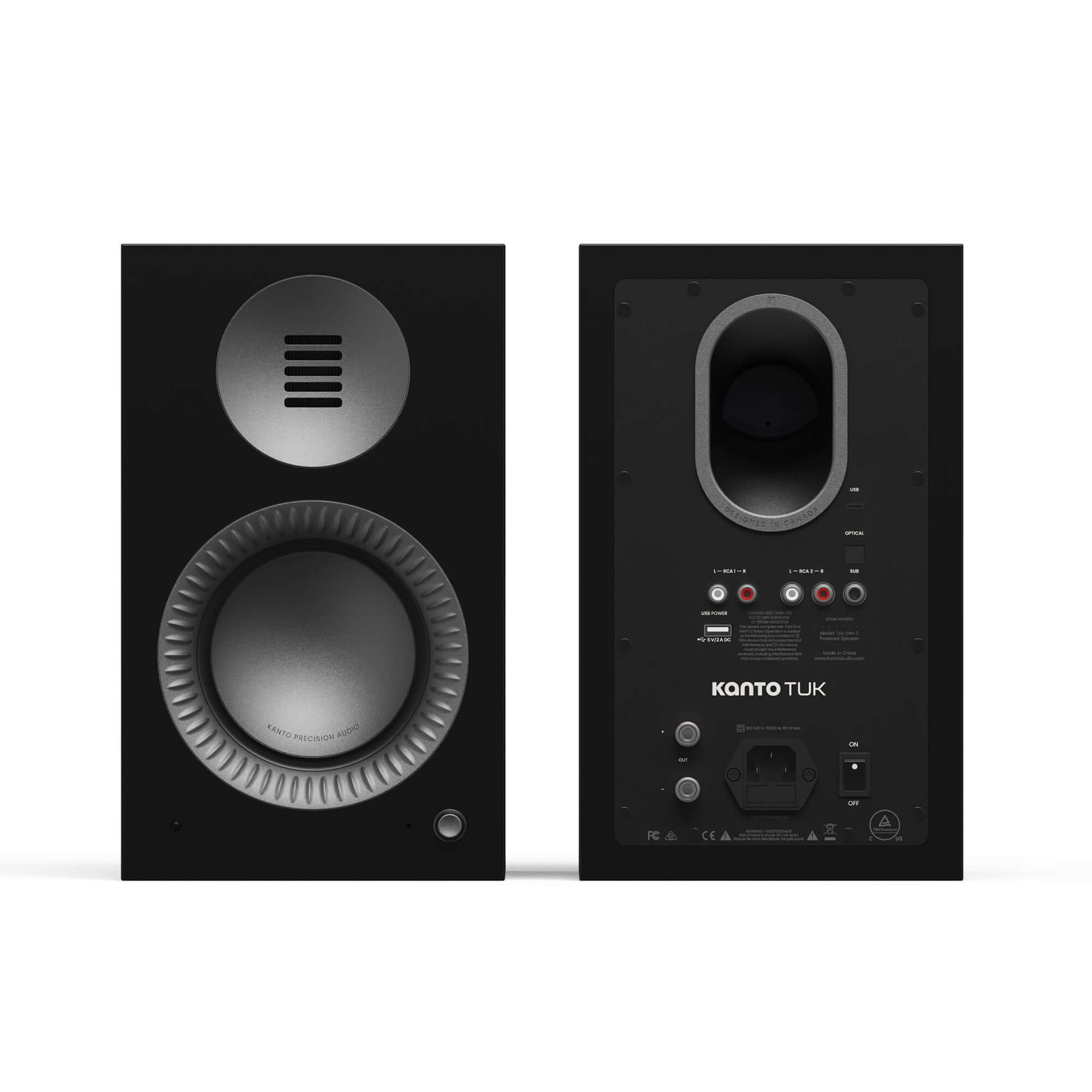 Kanto TUK G2 Powered Bookshelf Speakers with Bluetooth 5.4, Dual RCA and USB-C Inputs (Pair) rear and front view.
