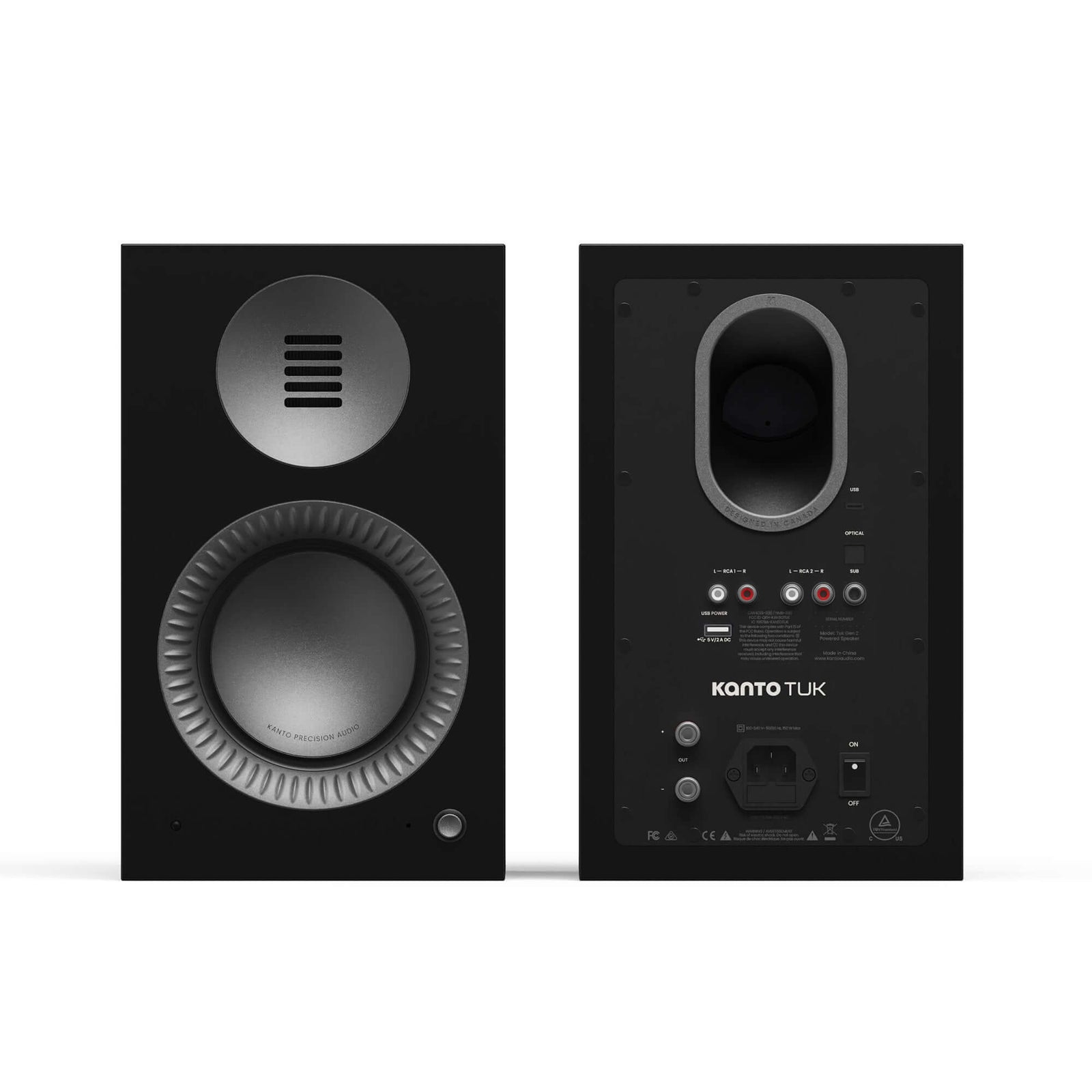 Kanto TUK G2 Powered Bookshelf Speakers with Bluetooth 5.4, Dual RCA and USB-C Inputs (Pair) rear and front view.