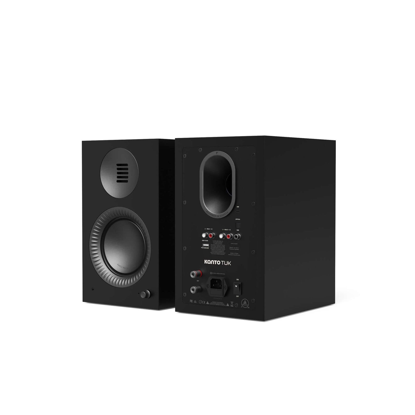 Kanto TUK G2 Powered Bookshelf Speakers with Bluetooth 5.4, Dual RCA and USB-C Inputs (Pair) - Image showing front and back views.