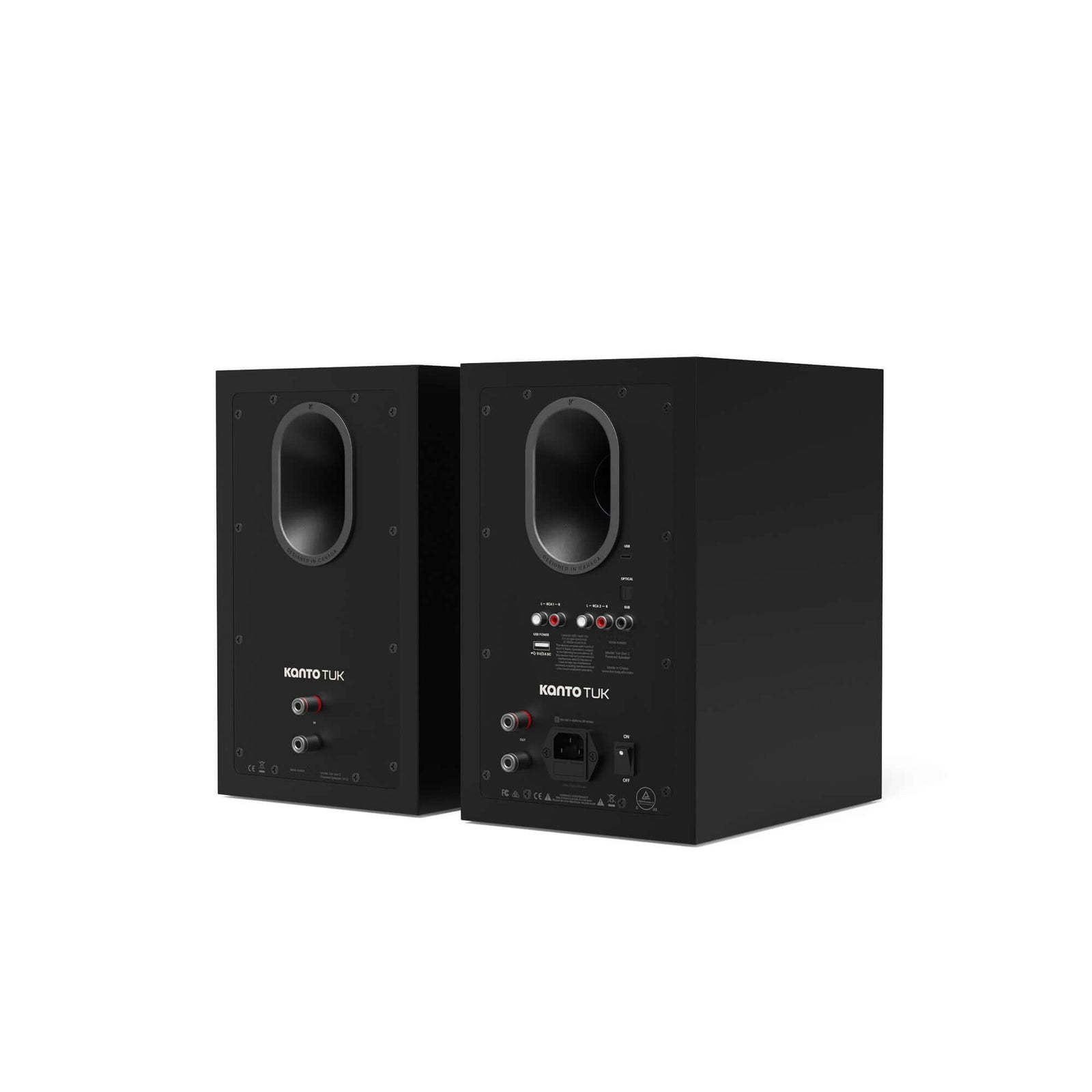 Kanto TUK G2 Powered Bookshelf Speakers with Bluetooth 5.4, Dual RCA and USB-C Inputs (Pair) rear view showing inputs.