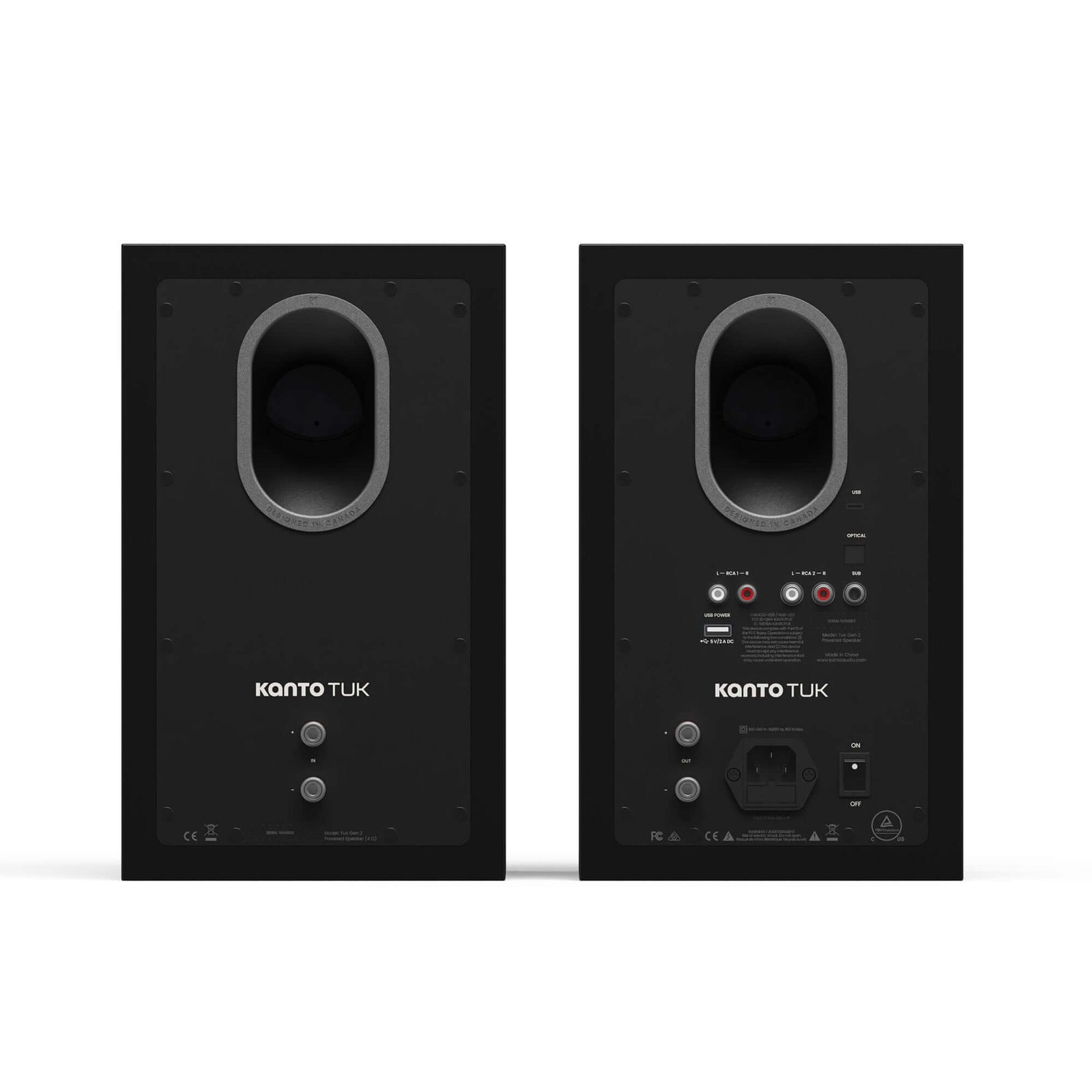 Kanto TUK G2 Powered Bookshelf Speakers with Bluetooth 5.4, Dual RCA and USB-C Inputs (Pair) rear view showing inputs.
