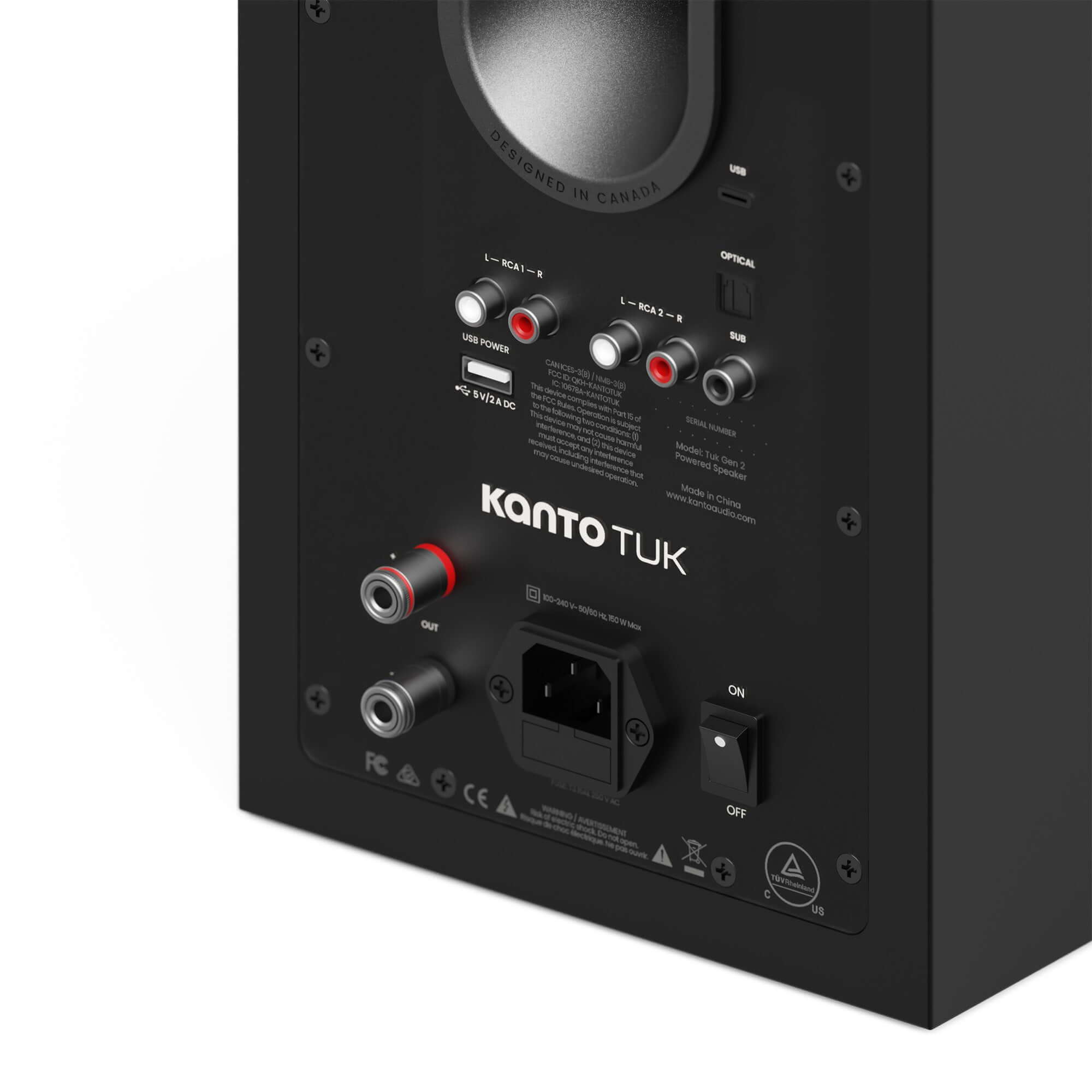 Kanto TUK G2 Powered Bookshelf Speakers with Bluetooth 5.4, Dual RCA and USB-C Inputs (Pair) back inputs and connections.