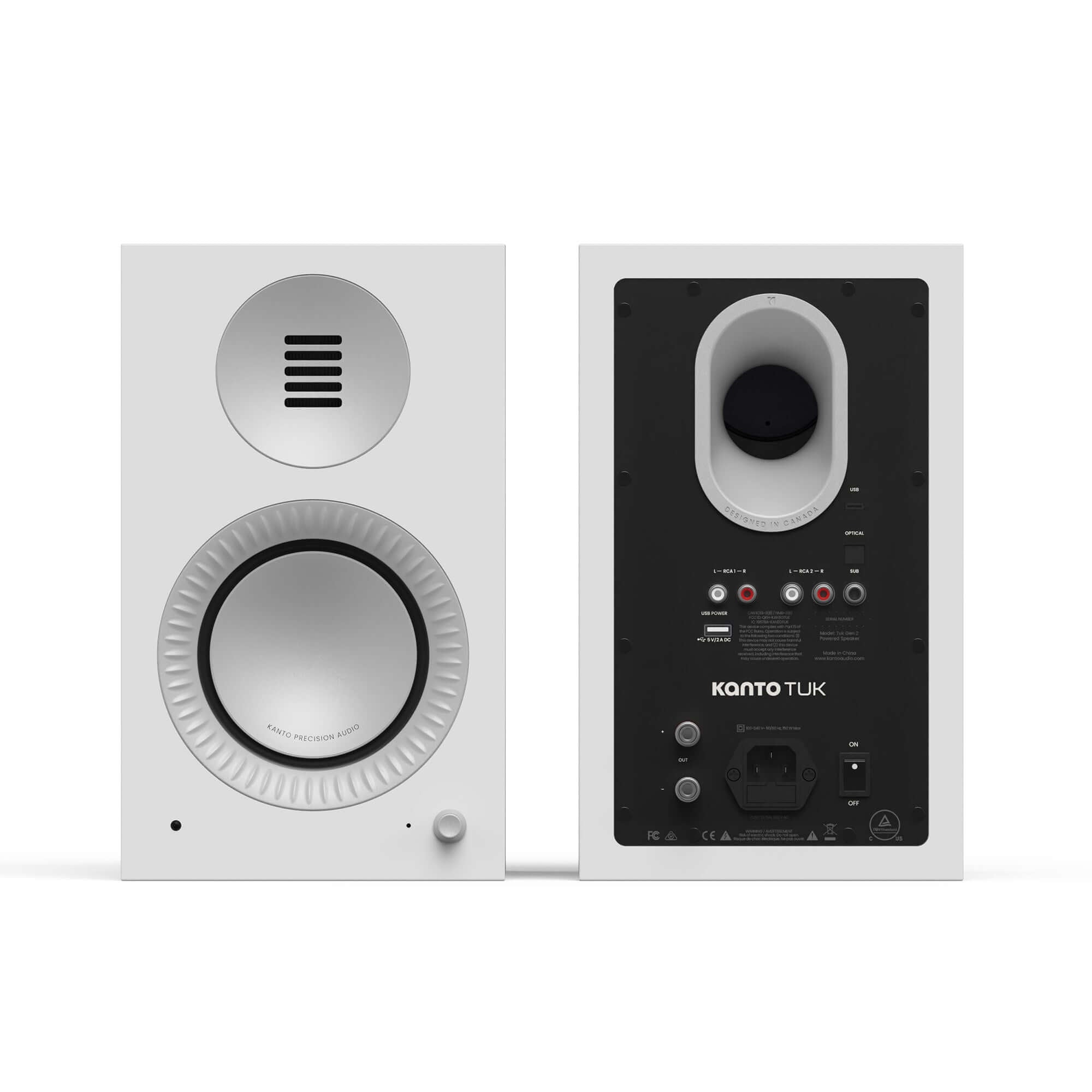 Kanto TUK G2 Powered Bookshelf Speakers with Bluetooth 5.4, Dual RCA and USB-C Inputs (Pair) front and back view.