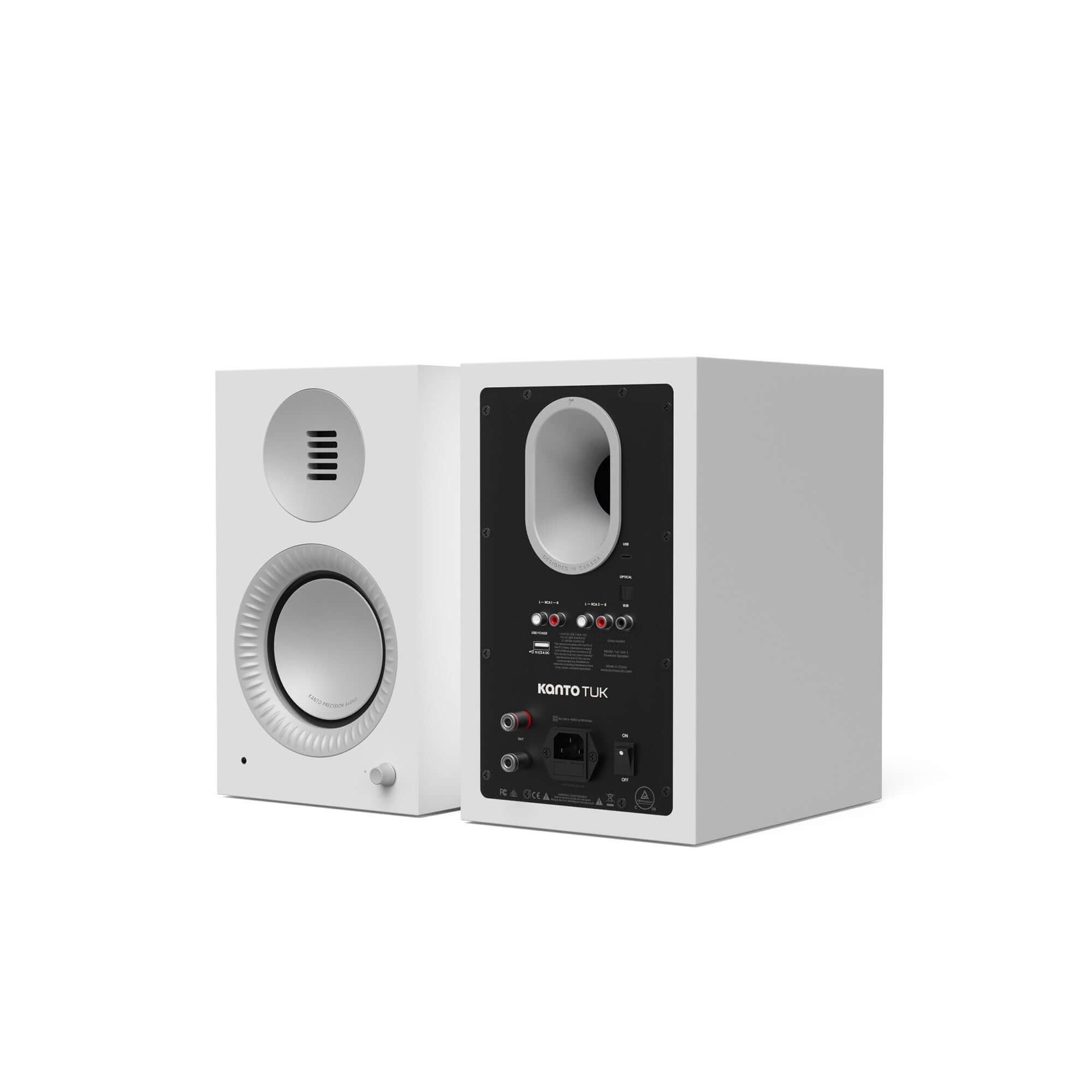 Kanto TUK G2 Powered Bookshelf Speakers with Bluetooth 5.4, Dual RCA and USB-C Inputs (Pair) rear view showcasing inputs.
