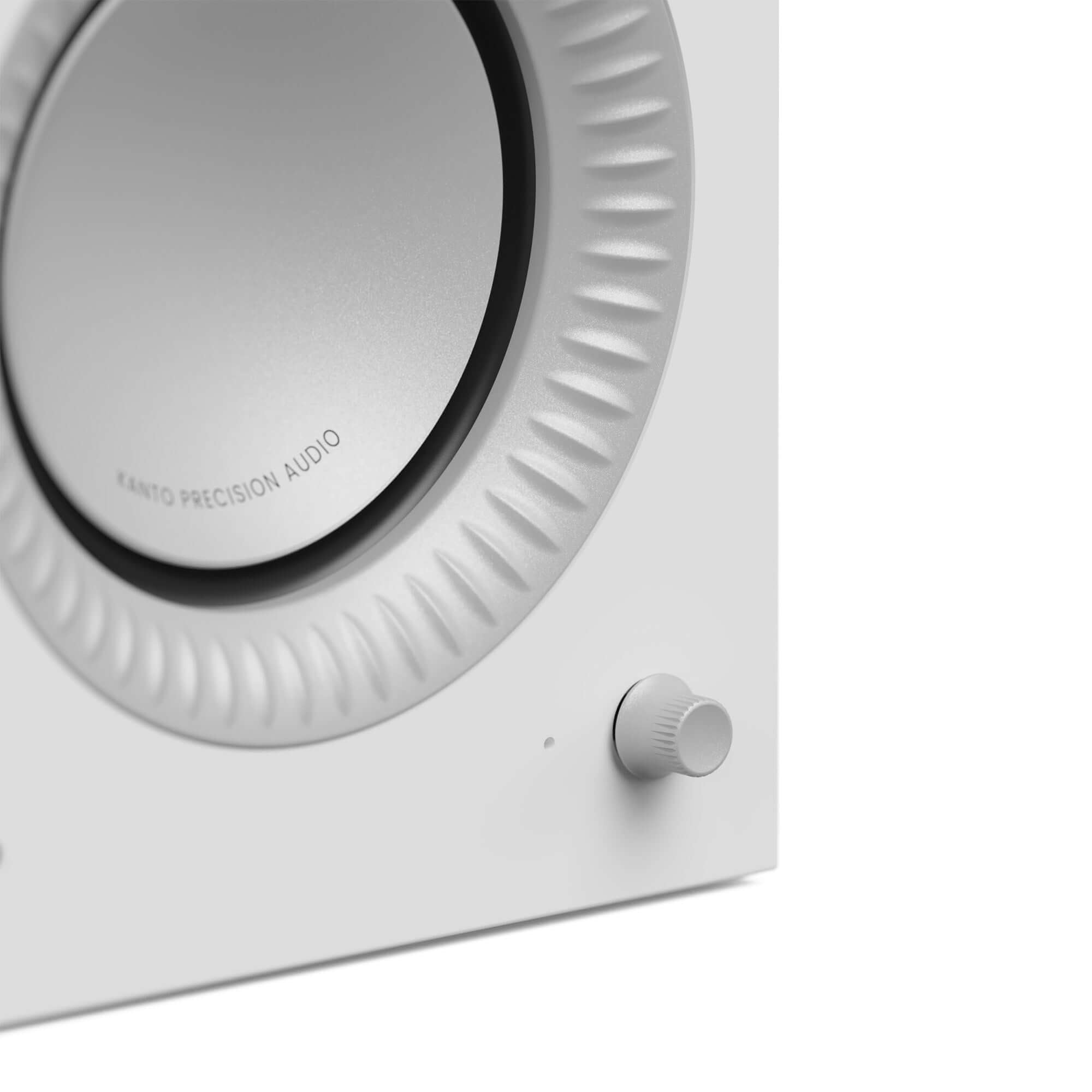 Kanto TUK G2 Powered Bookshelf Speakers with Bluetooth 5.4, Dual RCA and USB-C Inputs (Pair) close-up of speaker driver and control.