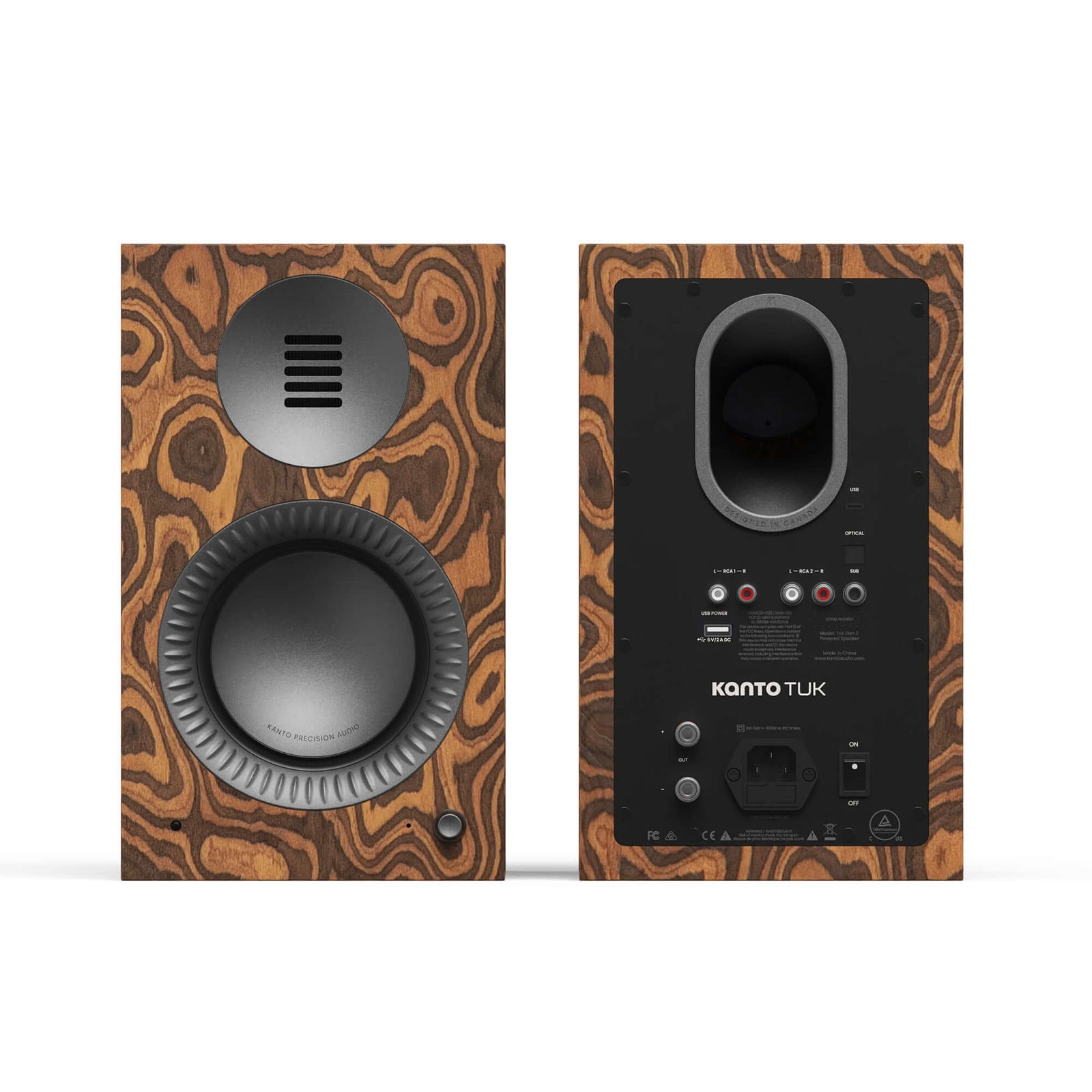 Kanto TUK G2 Powered Bookshelf Speakers with Bluetooth 5.4, Dual RCA and USB-C Inputs (Pair) front and back view.