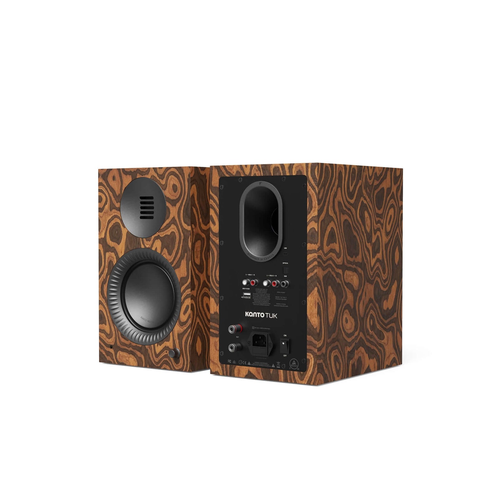 Kanto TUK G2 Powered Bookshelf Speakers with Bluetooth 5.4, Dual RCA and USB-C Inputs (Pair) side view.