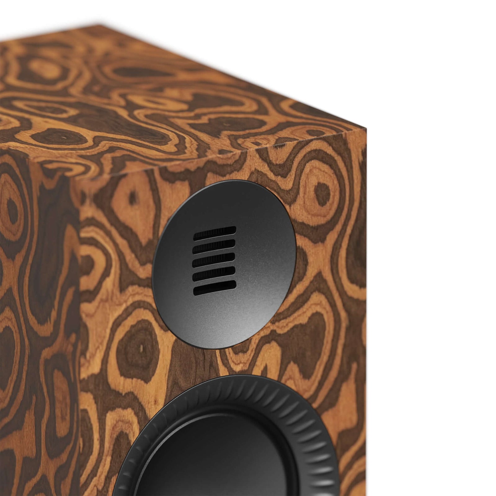 Kanto TUK G2 Powered Bookshelf Speakers with Bluetooth 5.4, Dual RCA and USB-C Inputs (Pair) close-up of wood finish.